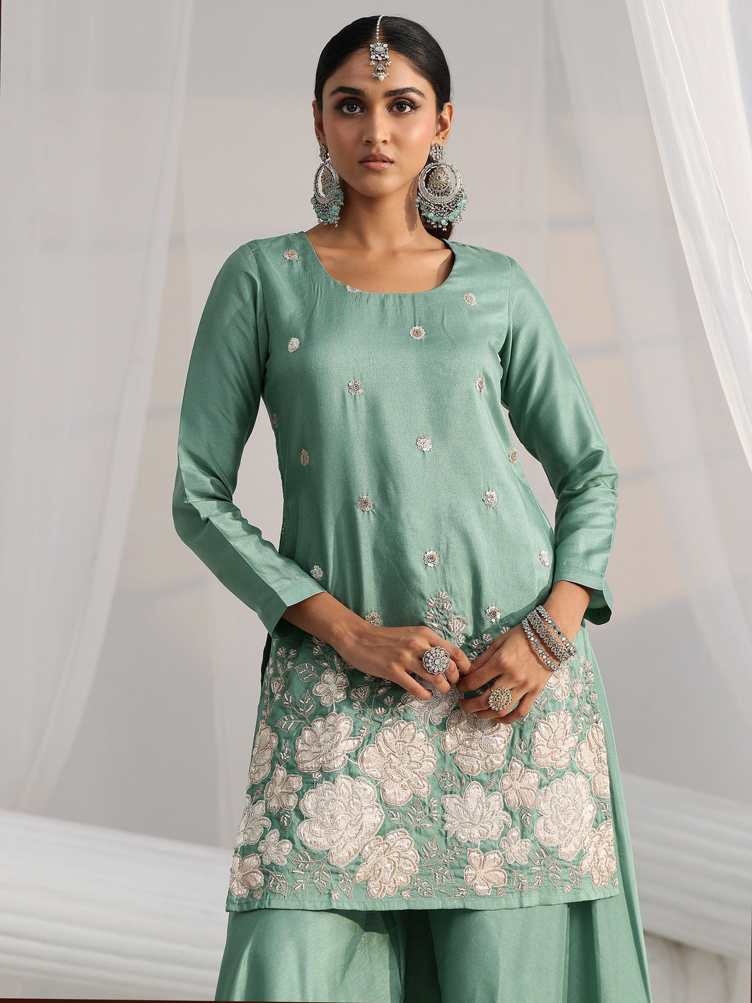  Libas Dusty Sea Green Floral Embellished Silk Blend Palazzo Suit Set 