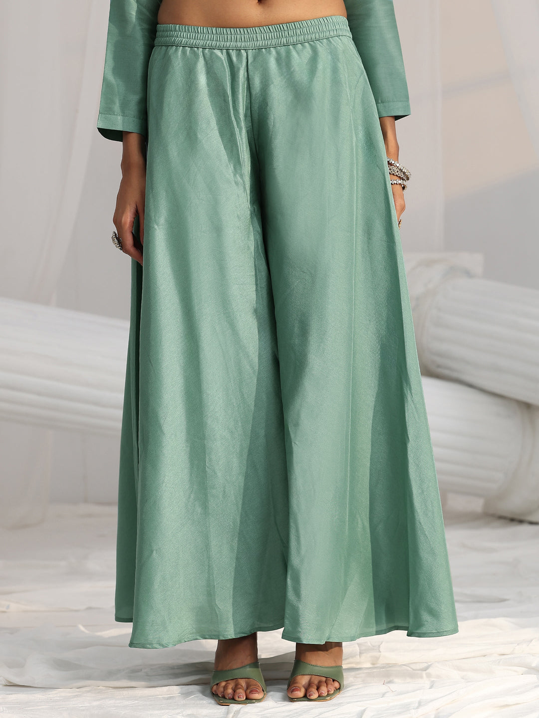  Libas Dusty Sea Green Floral Embellished Silk Blend Palazzo Suit Set 