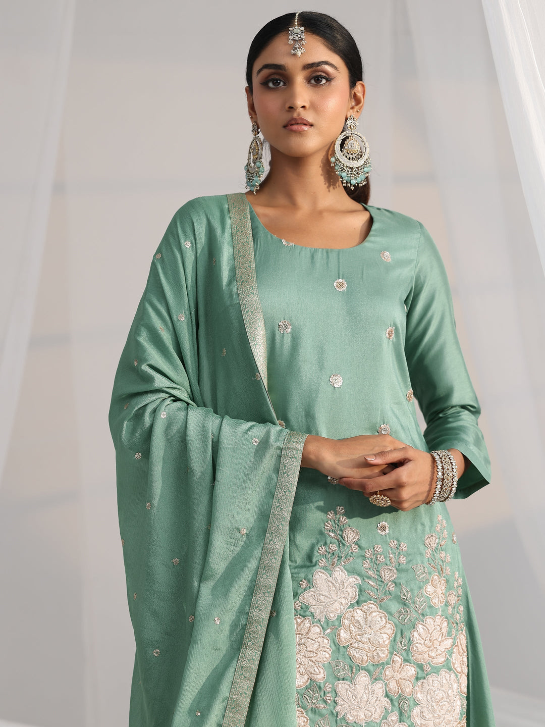  Libas Dusty Sea Green Floral Embellished Silk Blend Palazzo Suit Set 