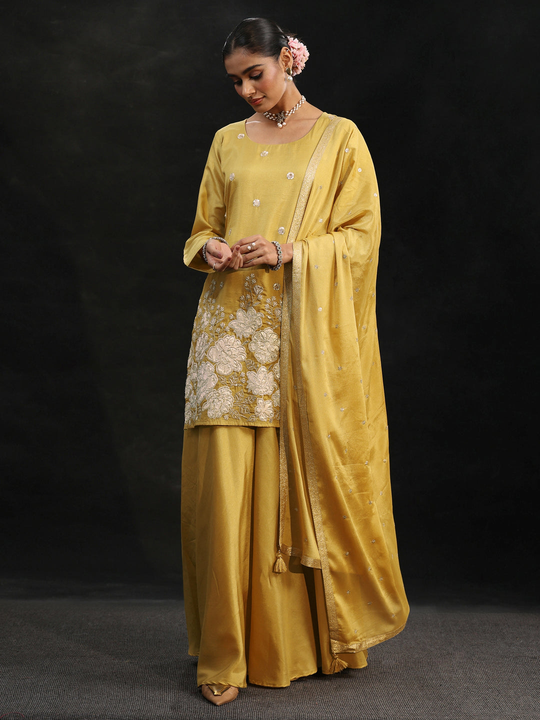  Libas Mustard Floral Embellished Silk Blend Palazzo Suit Set 