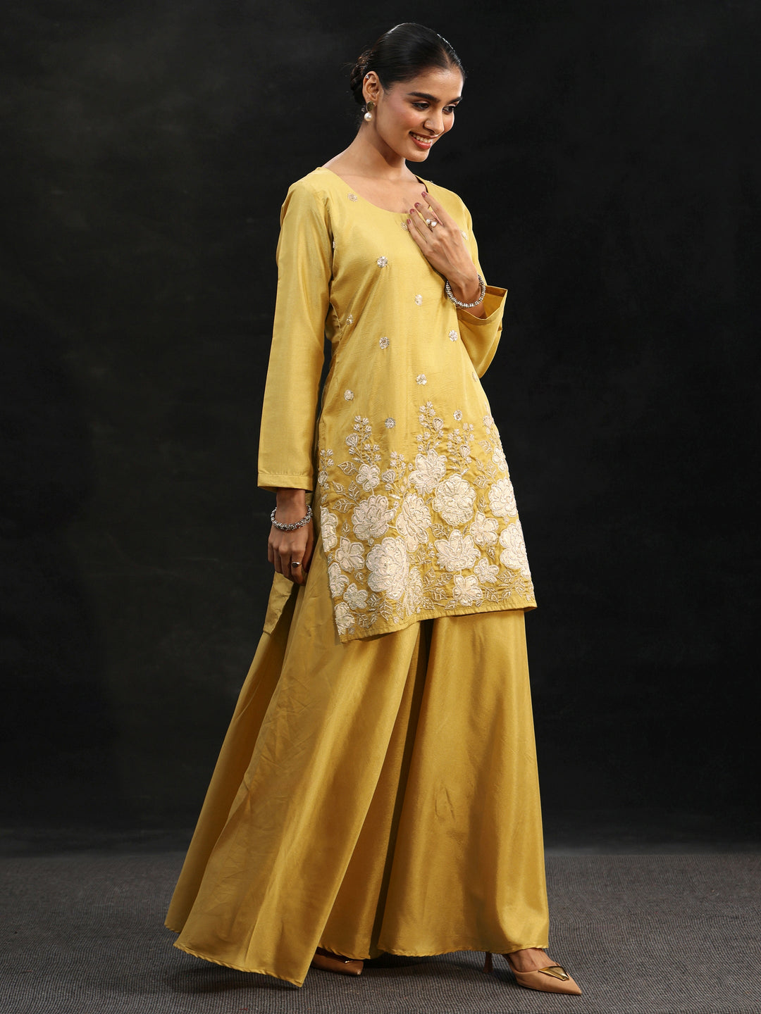  Libas Mustard Floral Embellished Silk Blend Palazzo Suit Set 