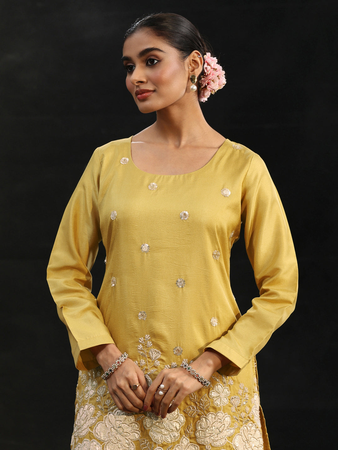  Libas Mustard Floral Embellished Silk Blend Palazzo Suit Set 