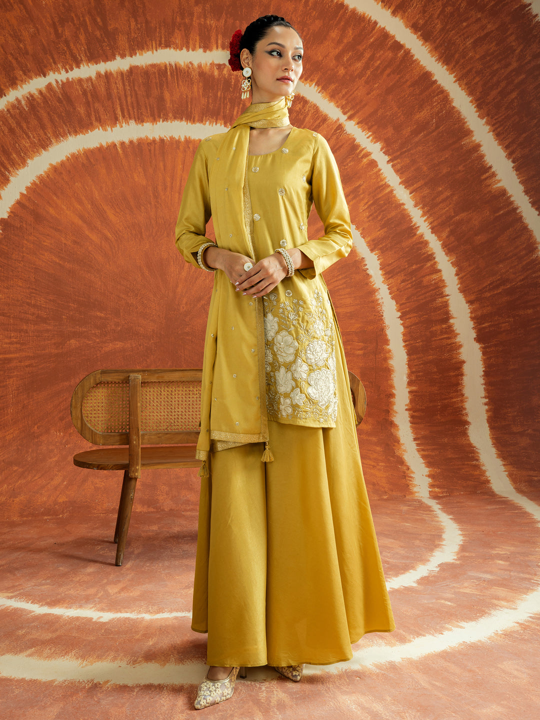  Libas Ojaswini Mustard Floral Embellished Silk Blend Palazzo Suit Set 