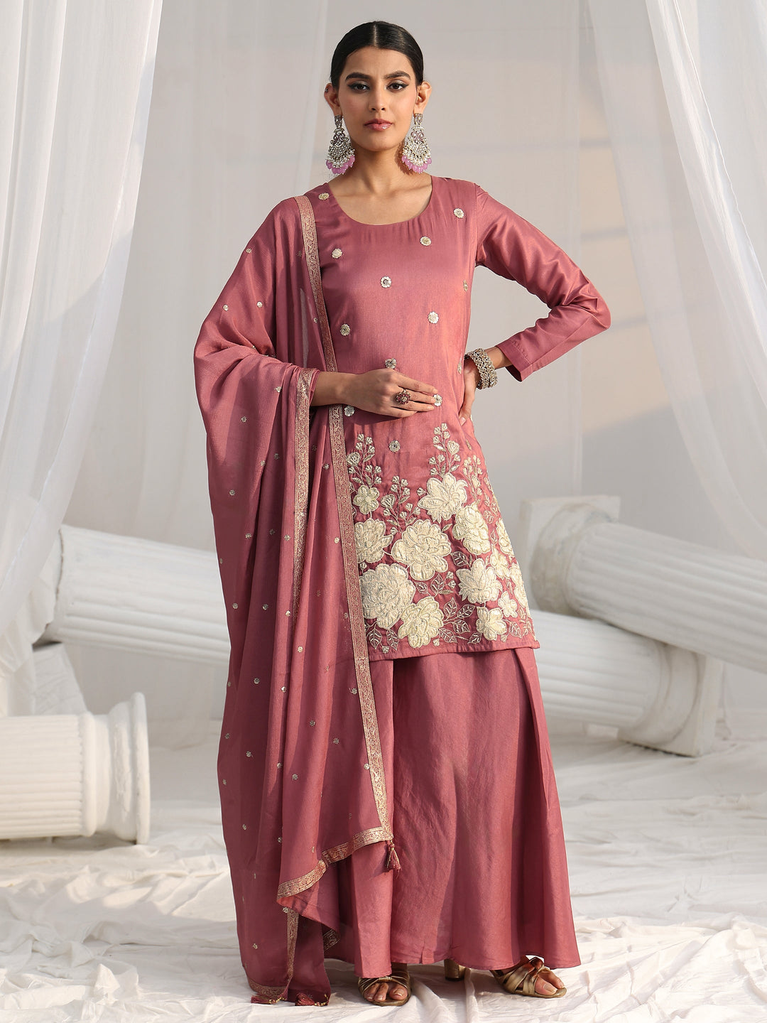  Libas Mauve Pink Floral Embellished Silk Blend Palazzo Suit Set 
