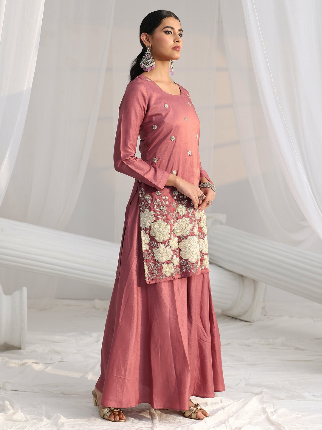  Libas Mauve Pink Floral Embellished Silk Blend Palazzo Suit Set 
