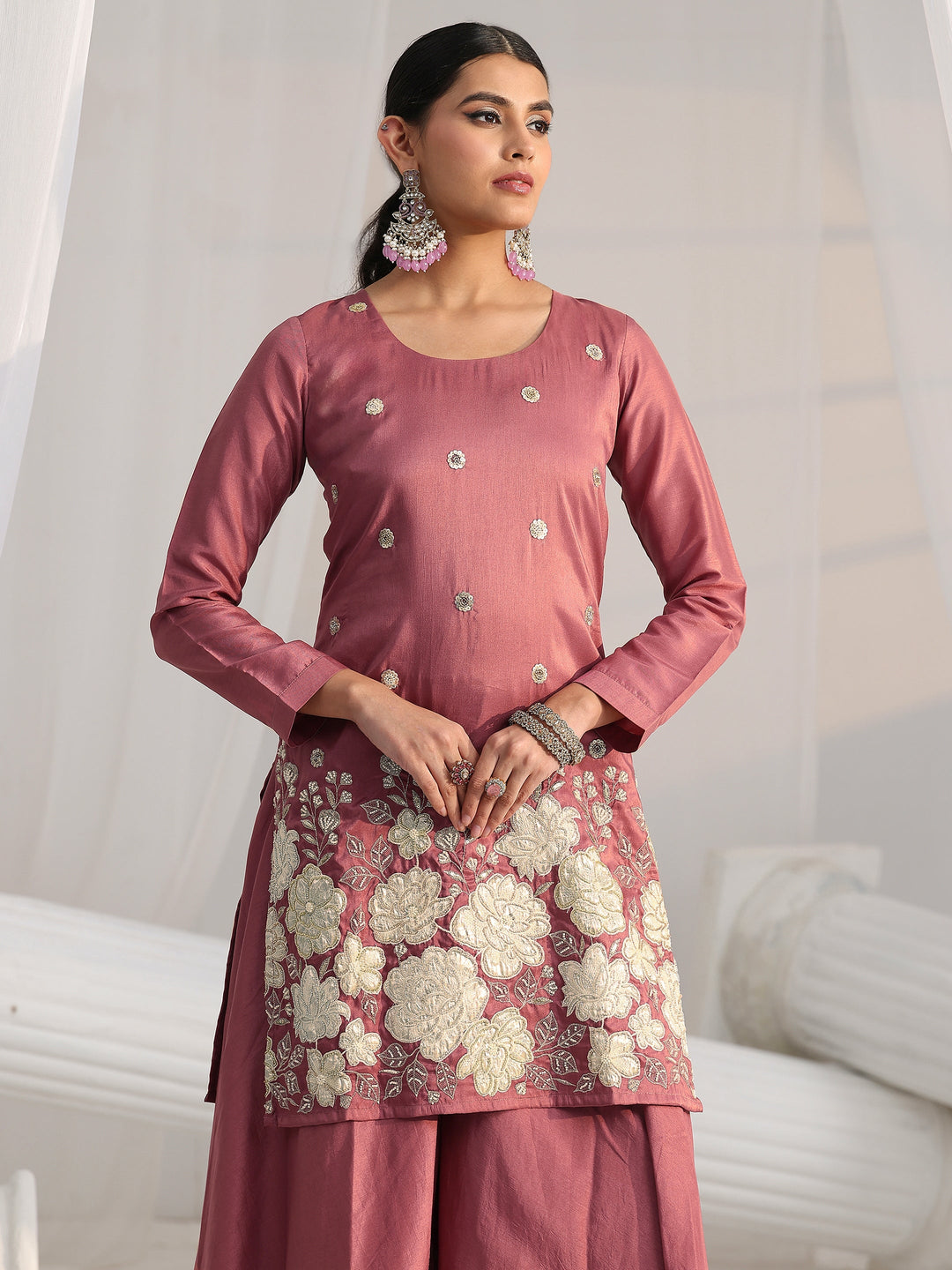  Libas Mauve Pink Floral Embellished Silk Blend Palazzo Suit Set 