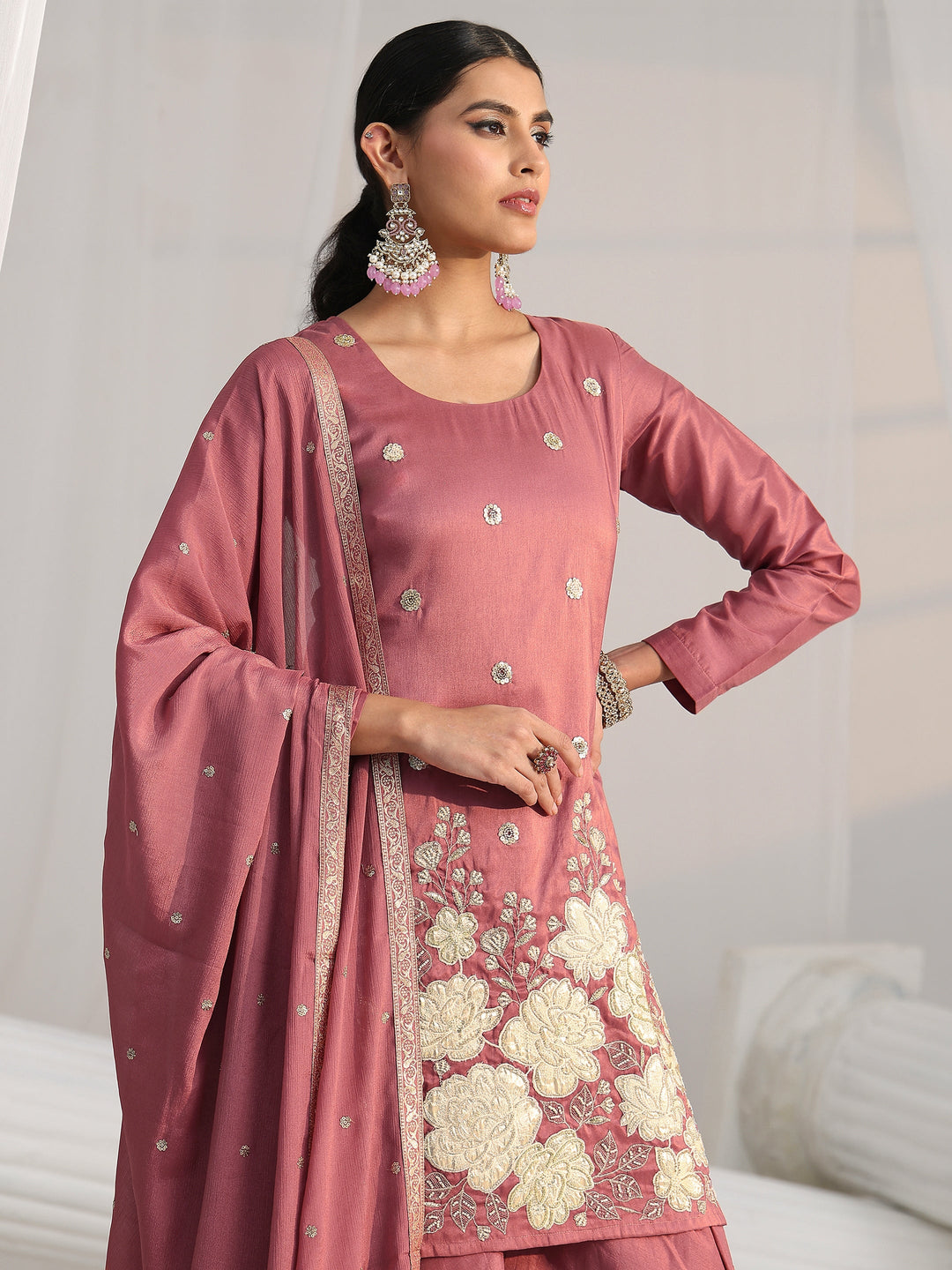  Libas Mauve Pink Floral Embellished Silk Blend Palazzo Suit Set 