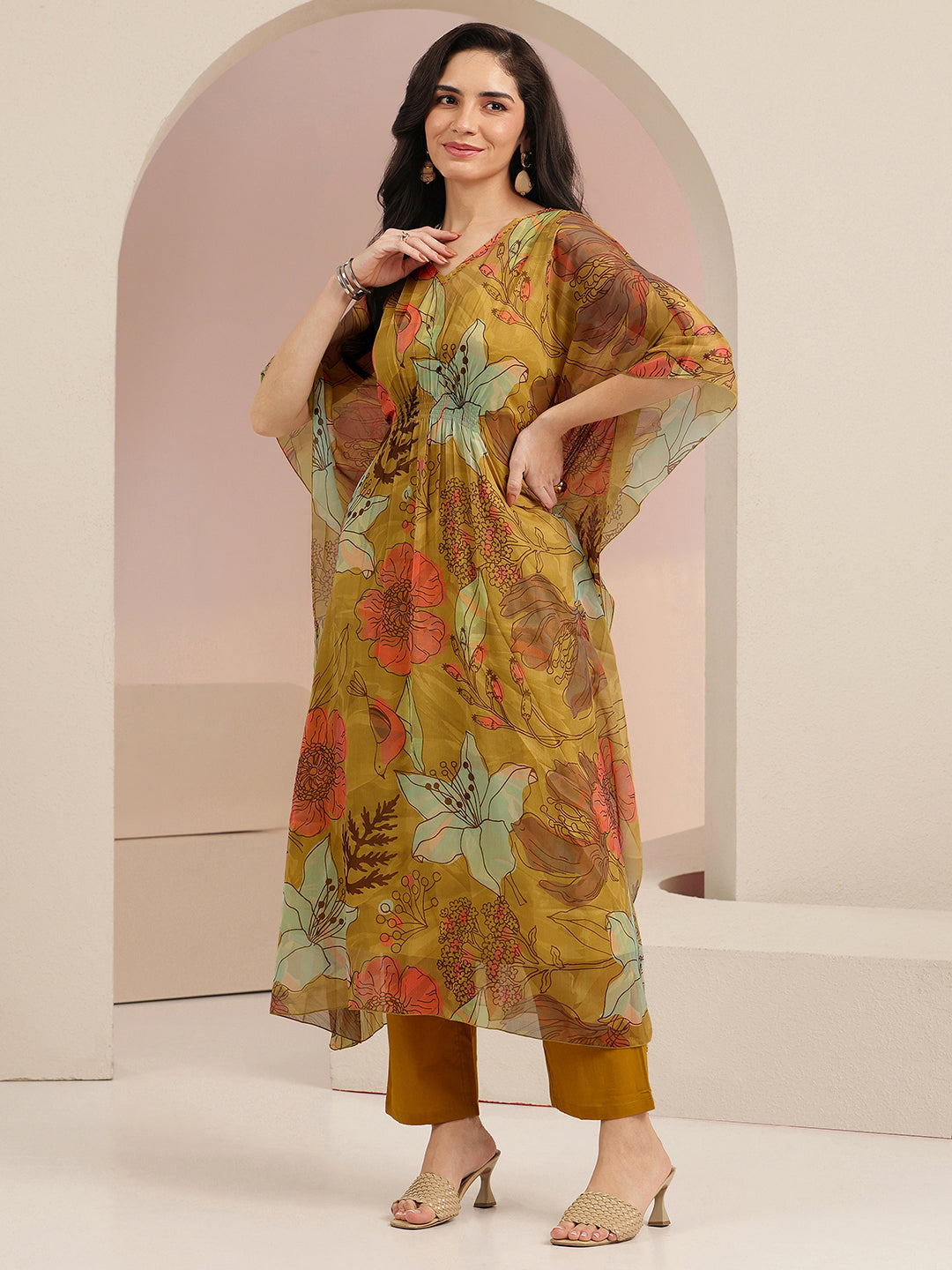  Libas Mustard Floral Printed 3 Piece Chiffon Kaftan Kurta Set 