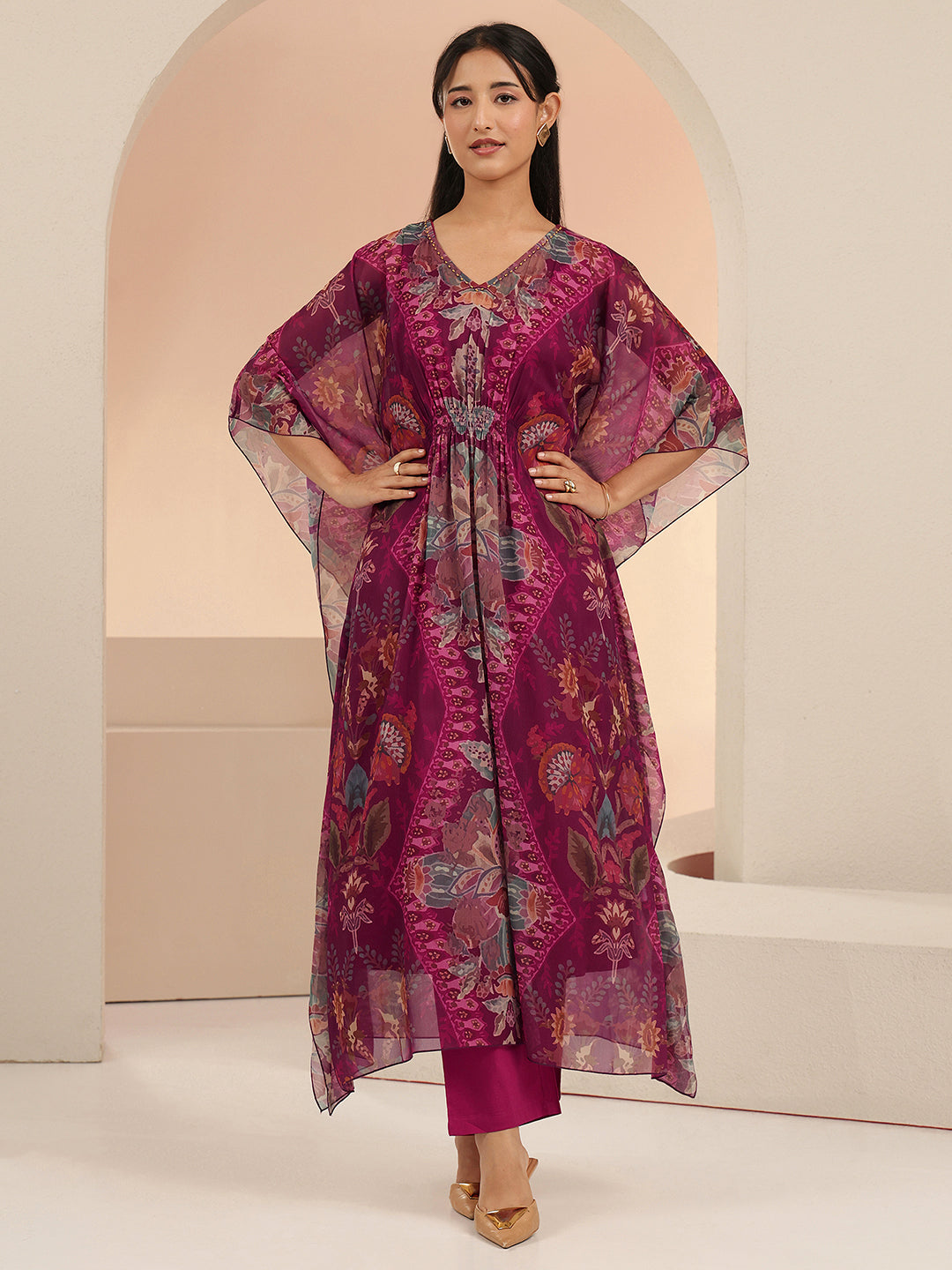  Libas Burgundy Floral Printed 3 Piece Chiffon Kaftan Kurta Set 