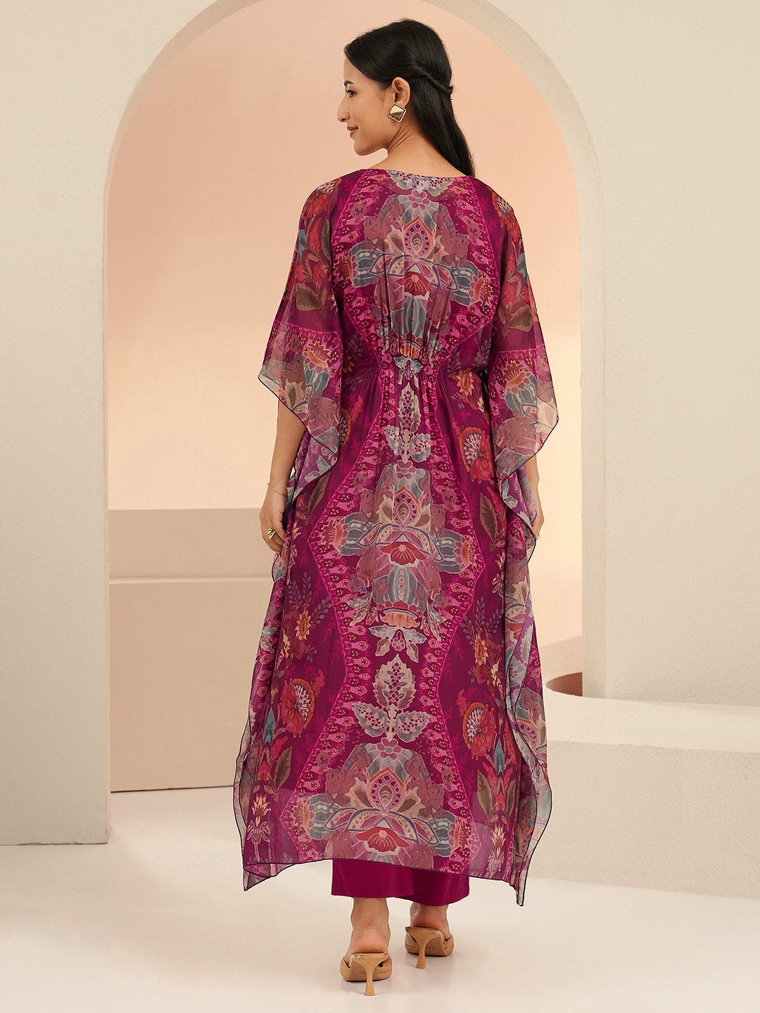  Libas Burgundy Floral Printed 3 Piece Chiffon Kaftan Kurta Set 