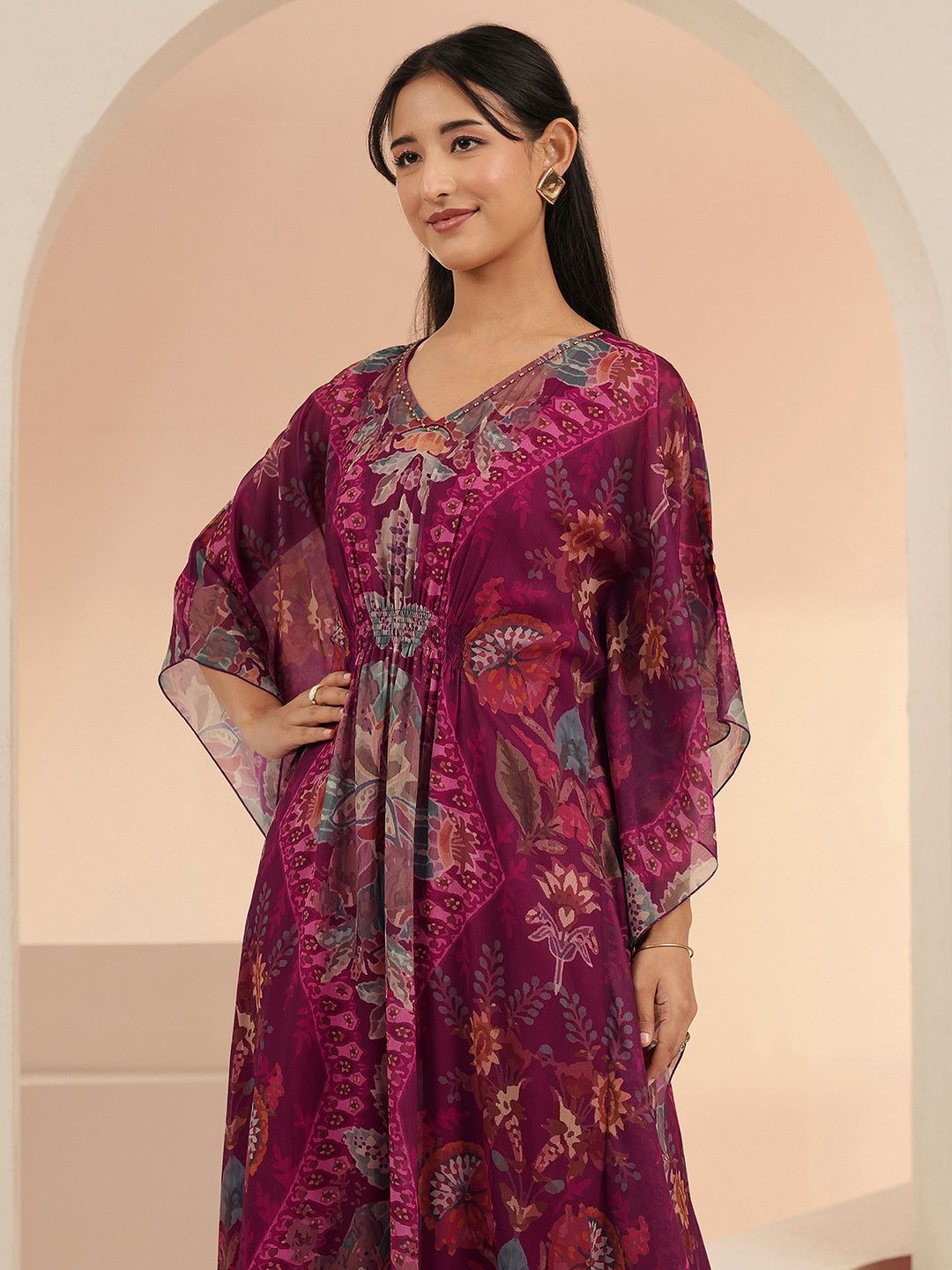  Libas Burgundy Floral Printed 3 Piece Chiffon Kaftan Kurta Set 