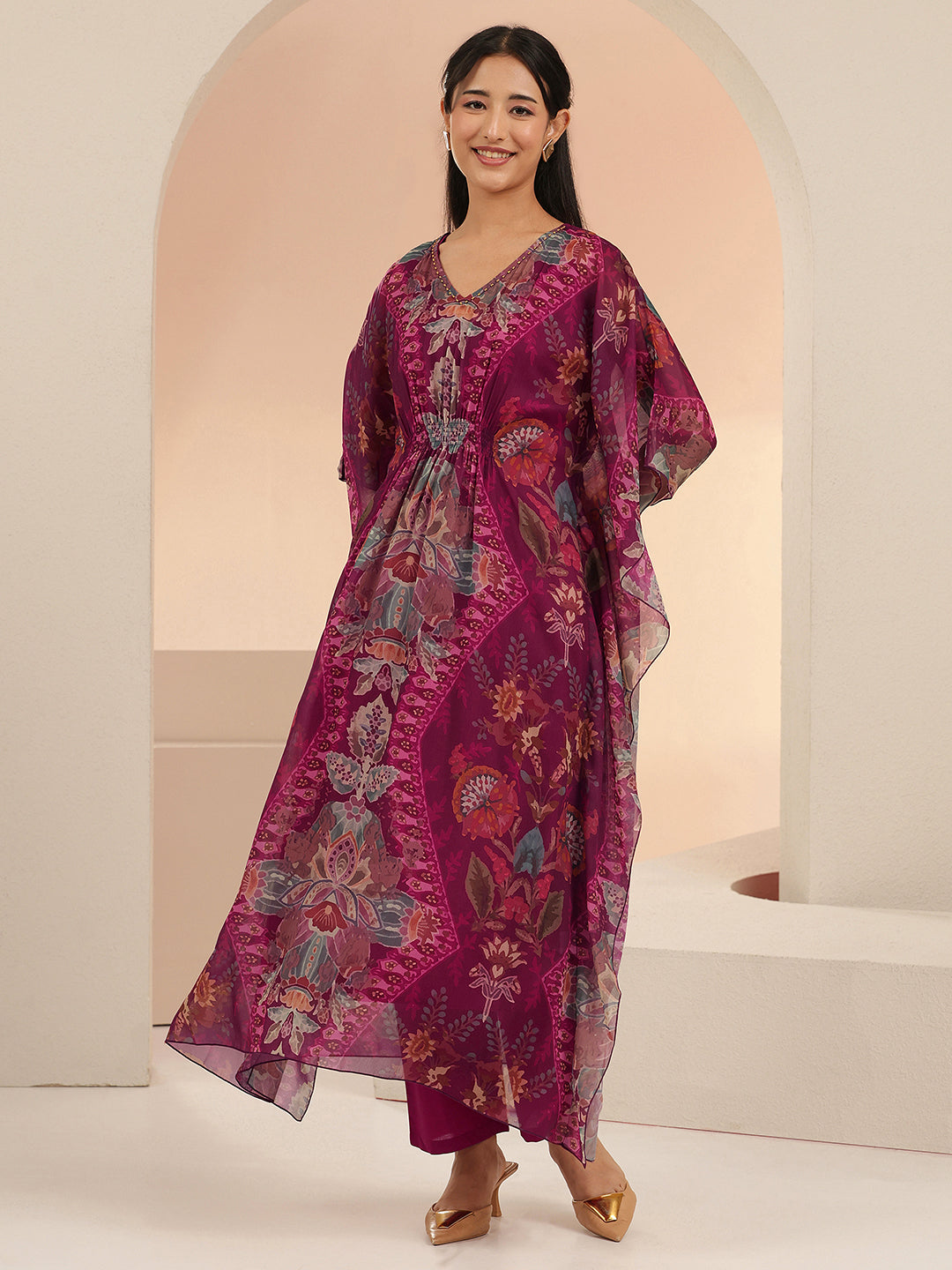  Libas Burgundy Floral Printed 3 Piece Chiffon Kaftan Kurta Set 