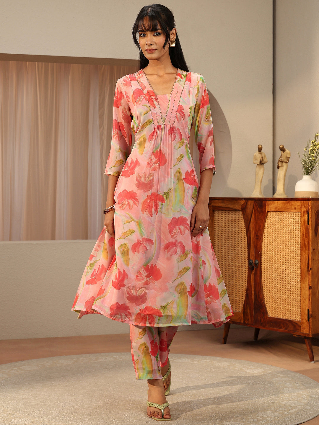 Pink Floral Printed Chiffon A-Line Kurta Set 