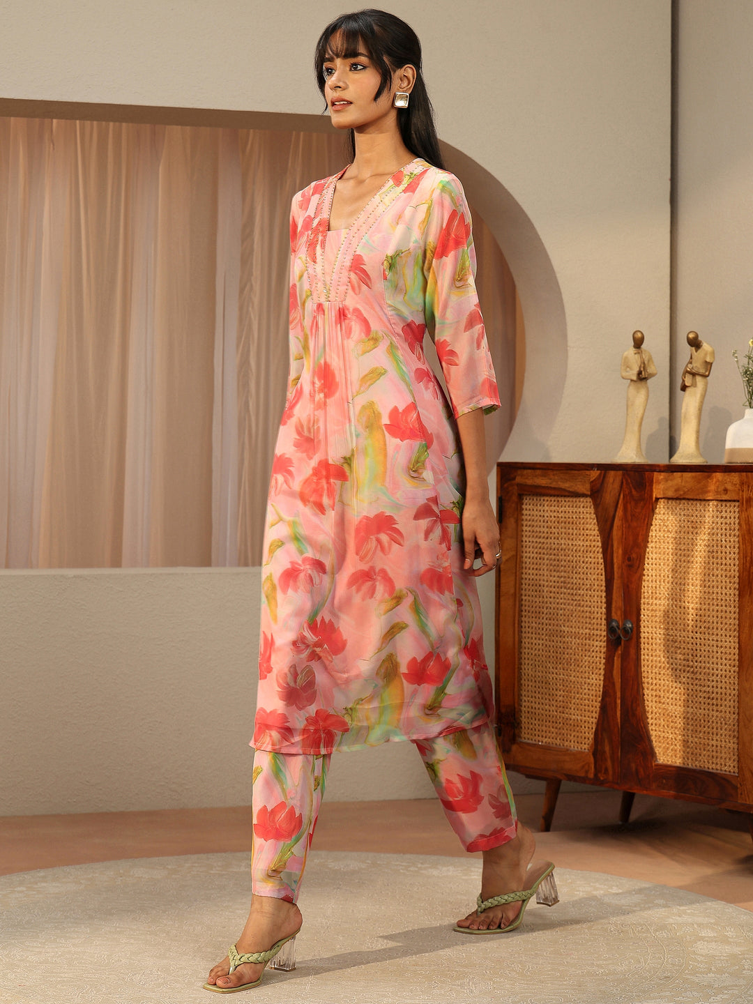  Pink Floral Printed Chiffon A-Line Kurta Set 