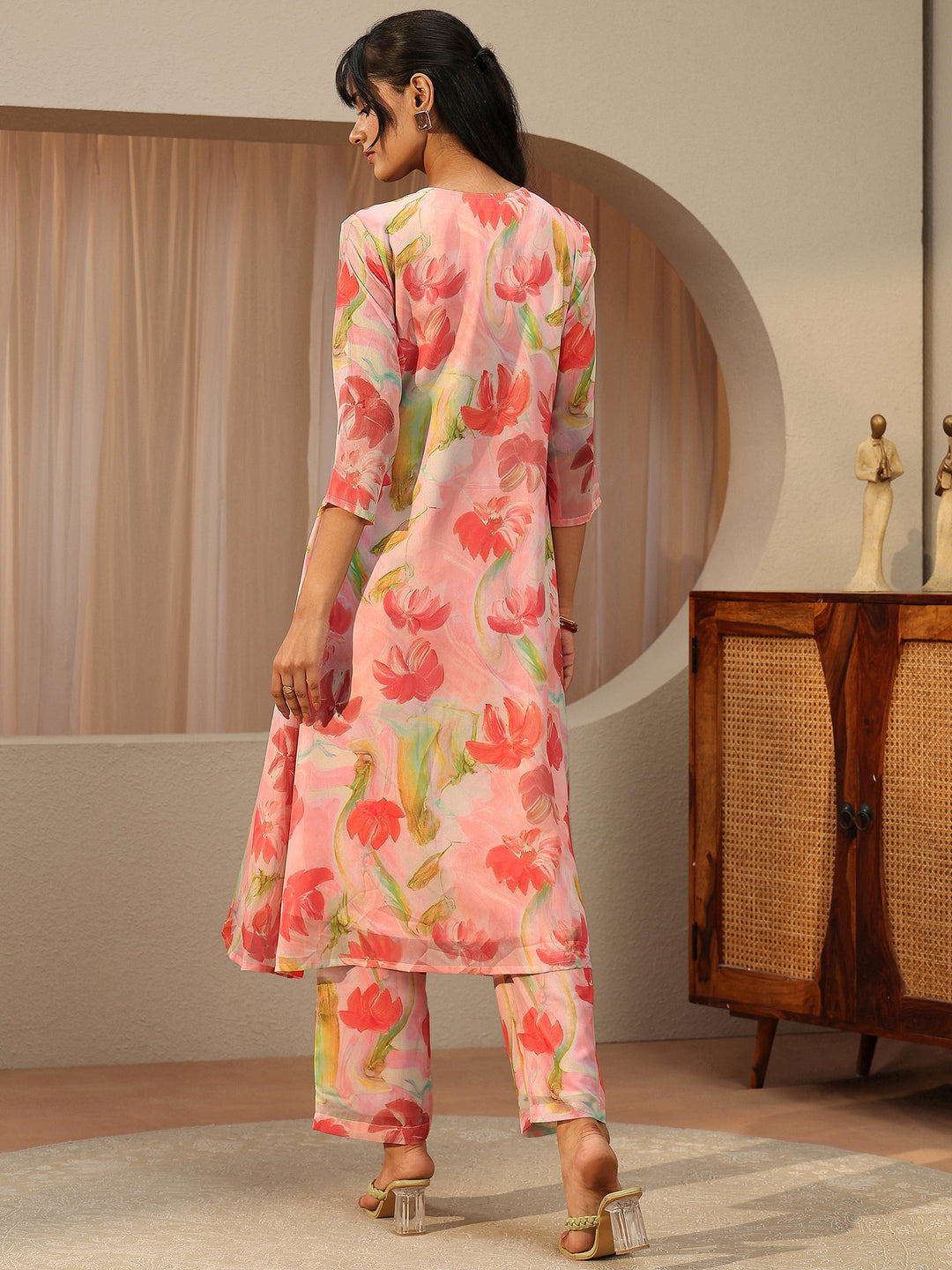  Pink Floral Printed Chiffon A-Line Kurta Set 