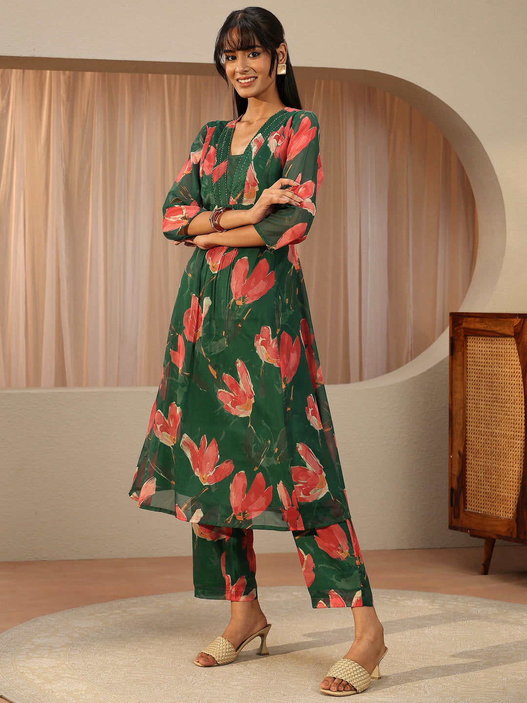  Green Floral Printed Chiffon A-Line Kurta Set 