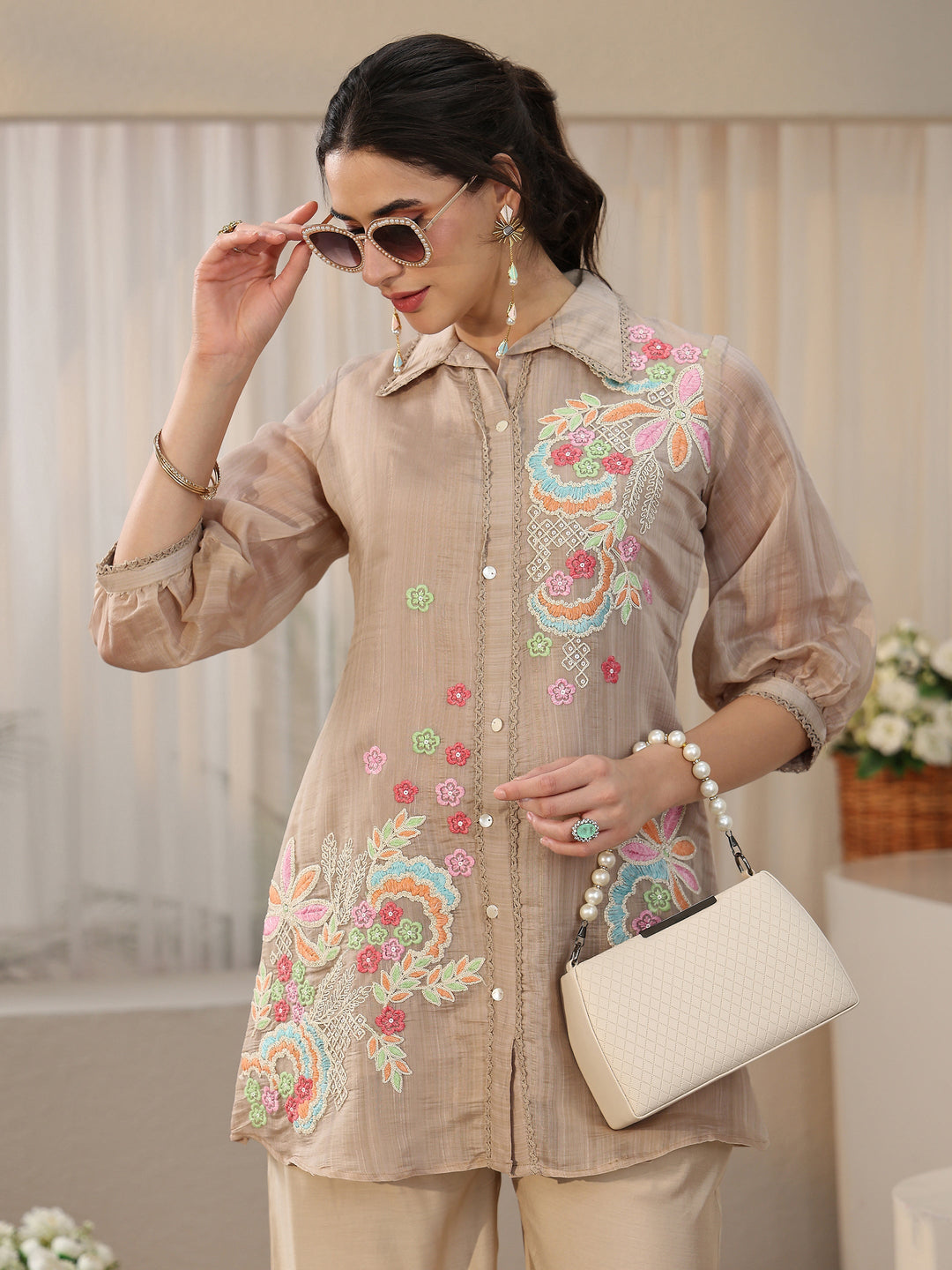  Libas Beige Floral Embroidered Chanderi Cotton Co-Ord Set 