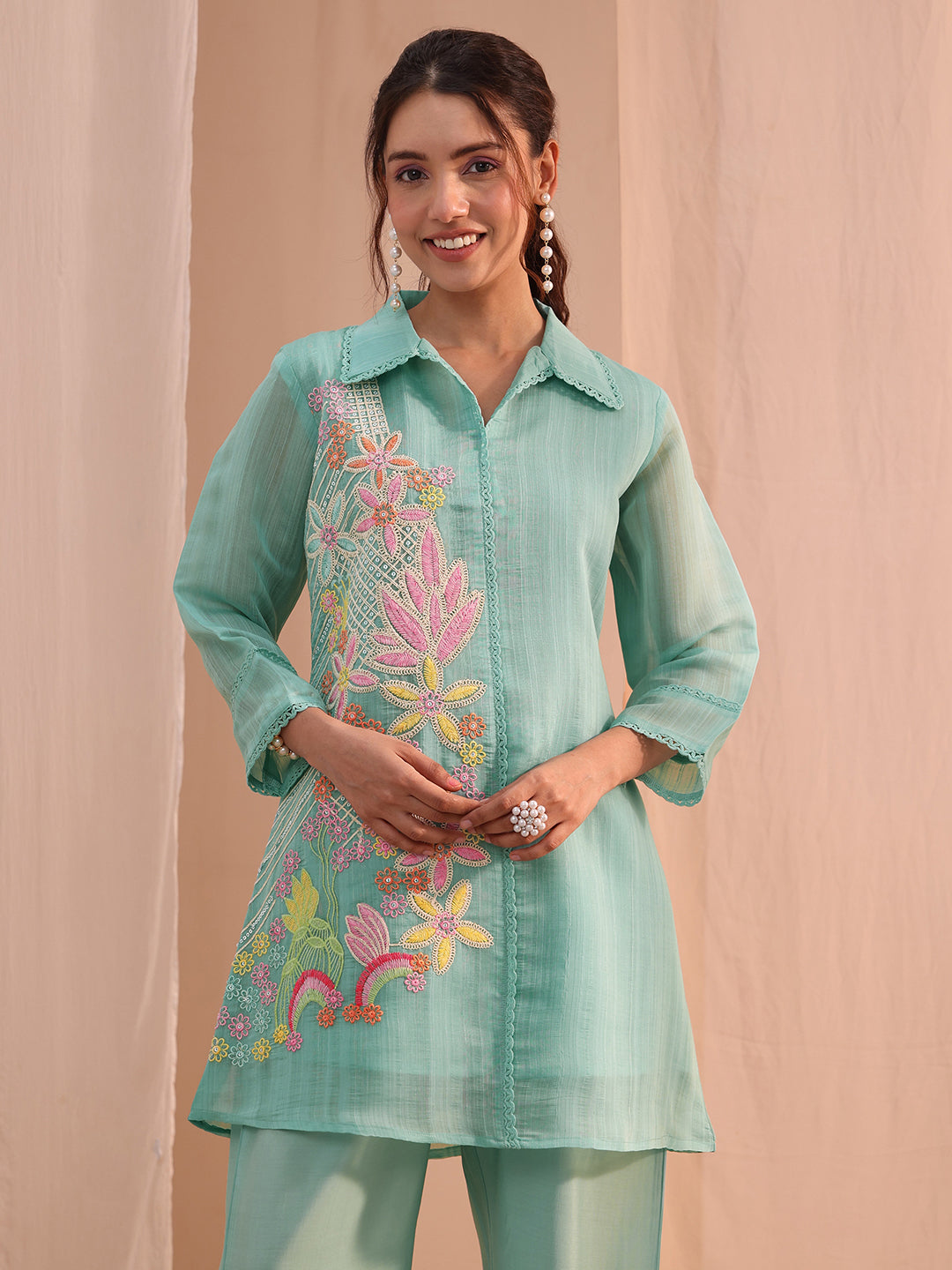  Libas Blue Floral Embroidered Chanderi Cotton Co-Ord Set 