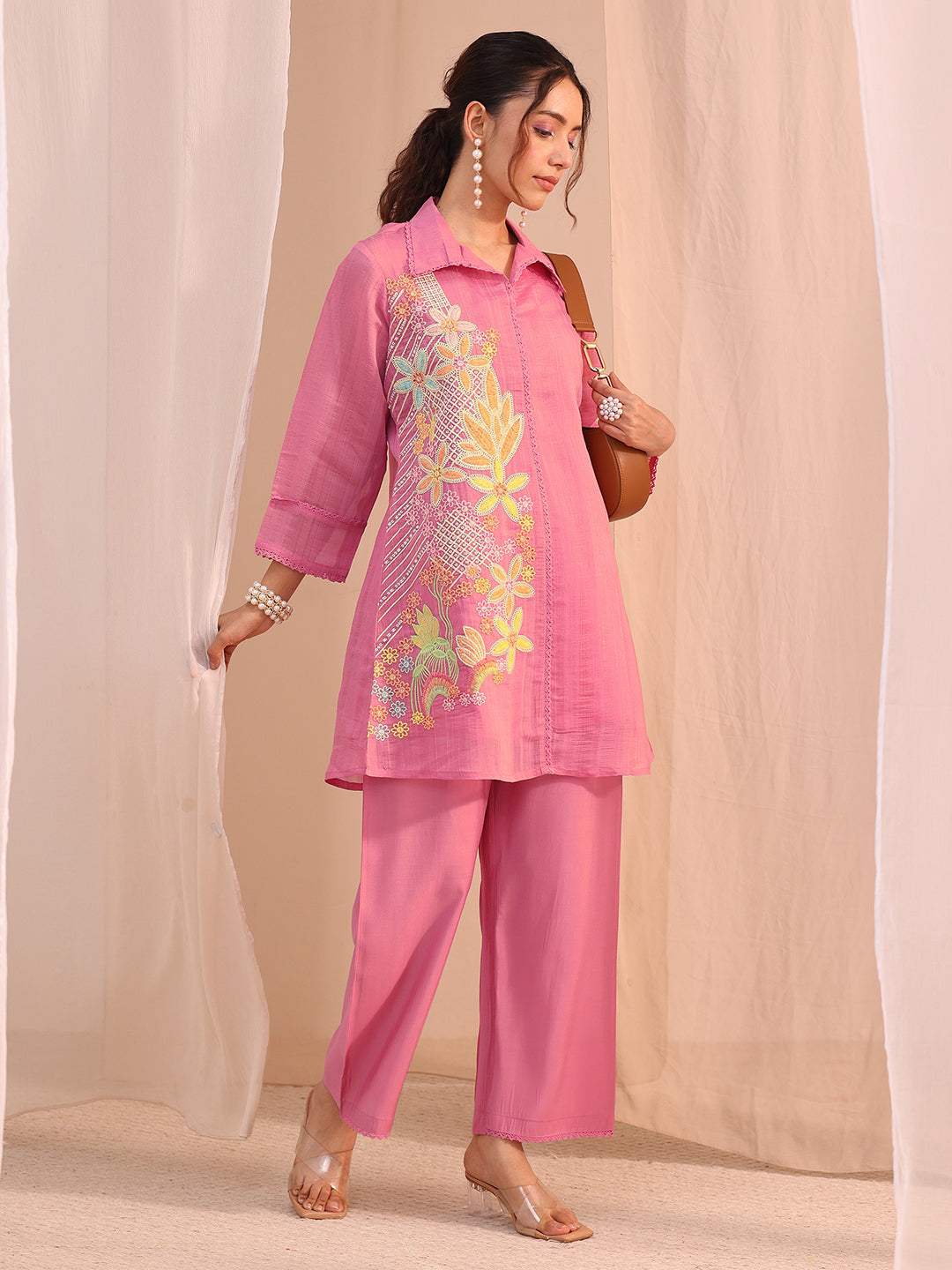 Libas Pink Floral Embroidered Chanderi Cotton Co-Ord Set