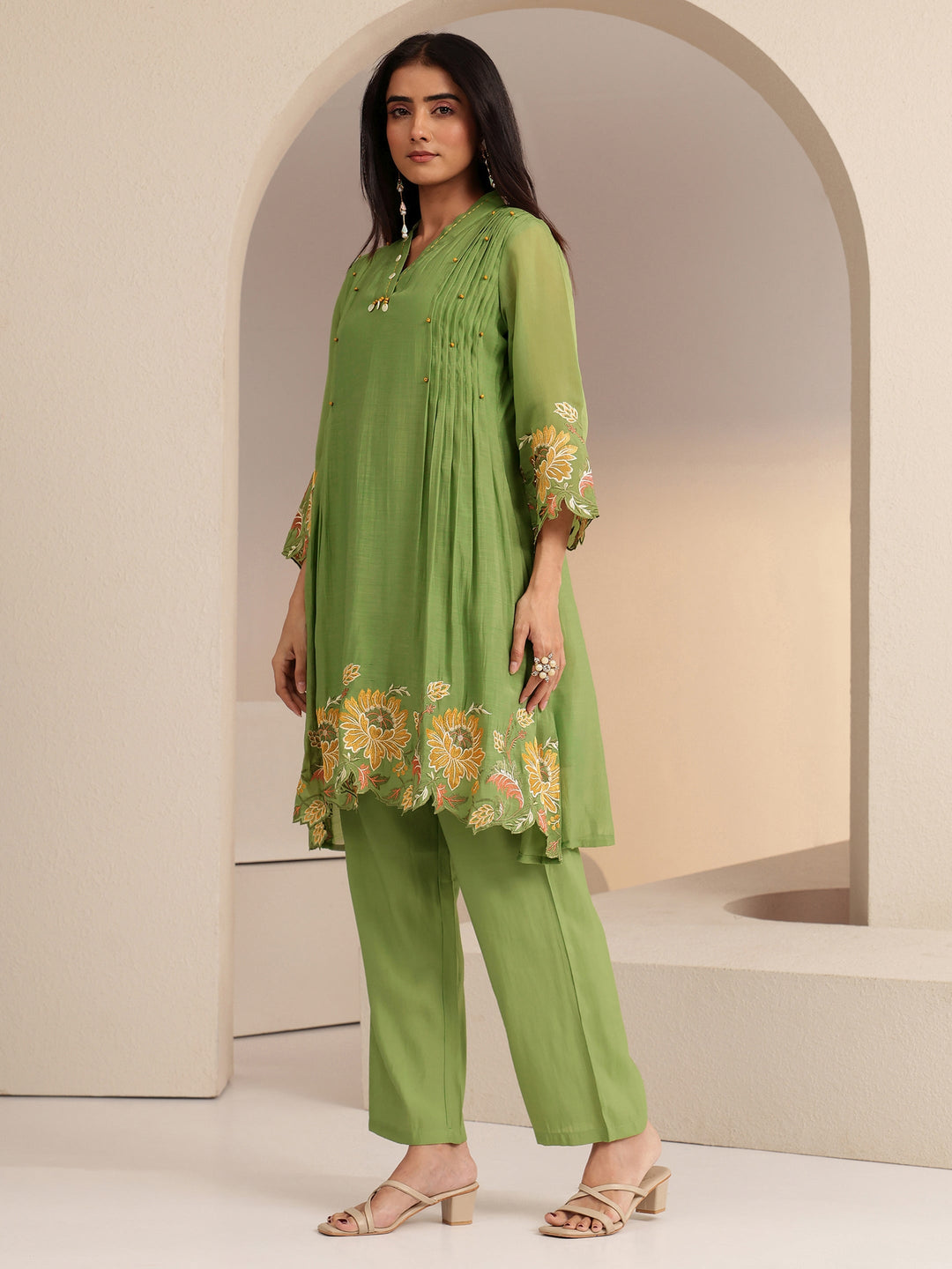  Green Floral Embroidered Chanderi Cotton Co-ord Set 