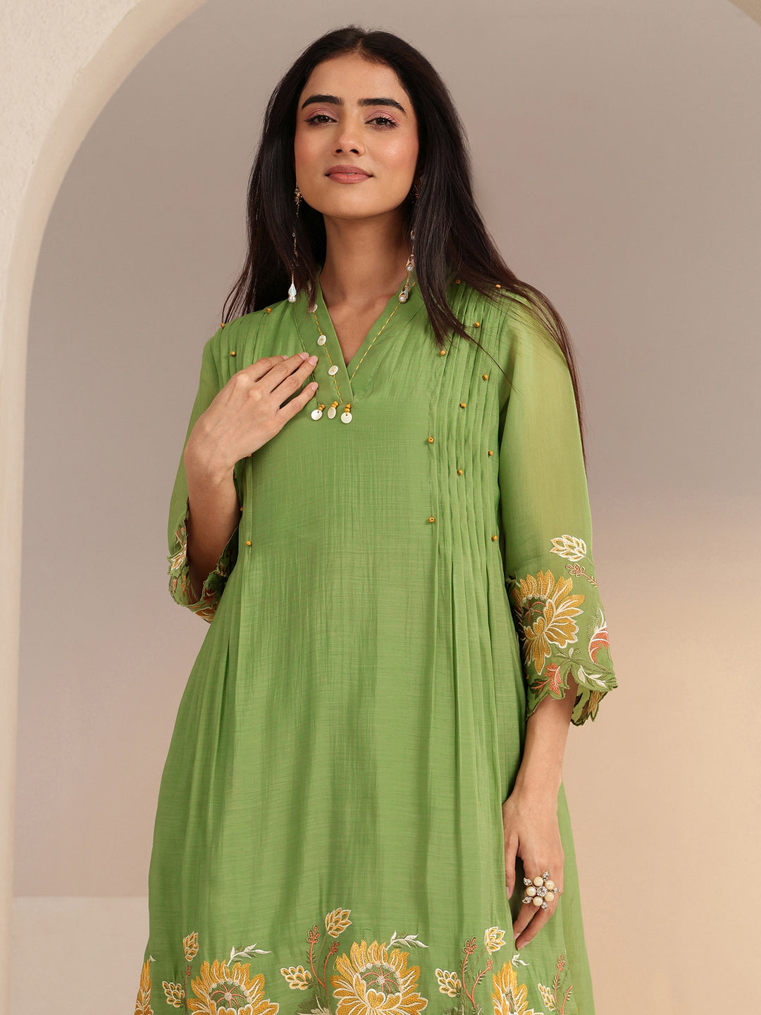  Green Floral Embroidered Chanderi Cotton Co-ord Set 