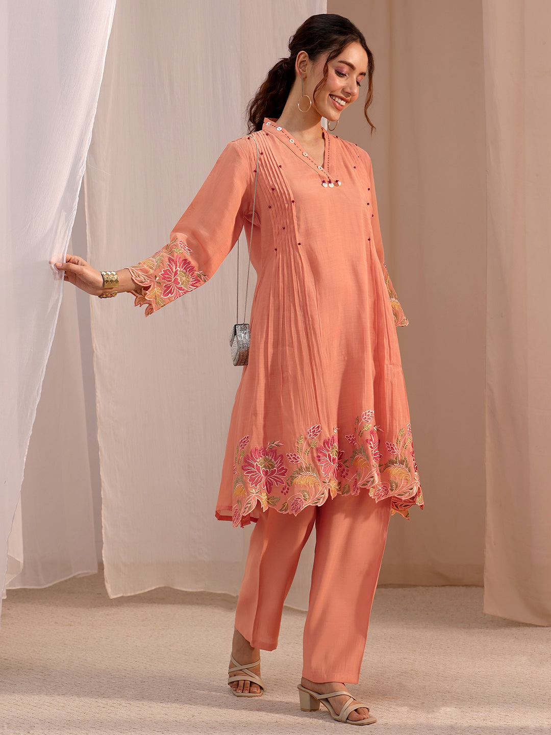  Libas Peach Floral Embroidered Chanderi Cotton Co-Ord Set 