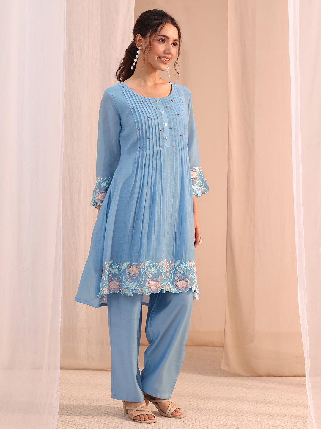 Blue Floral Embroidered Chanderi Cotton Co-Ord Set 