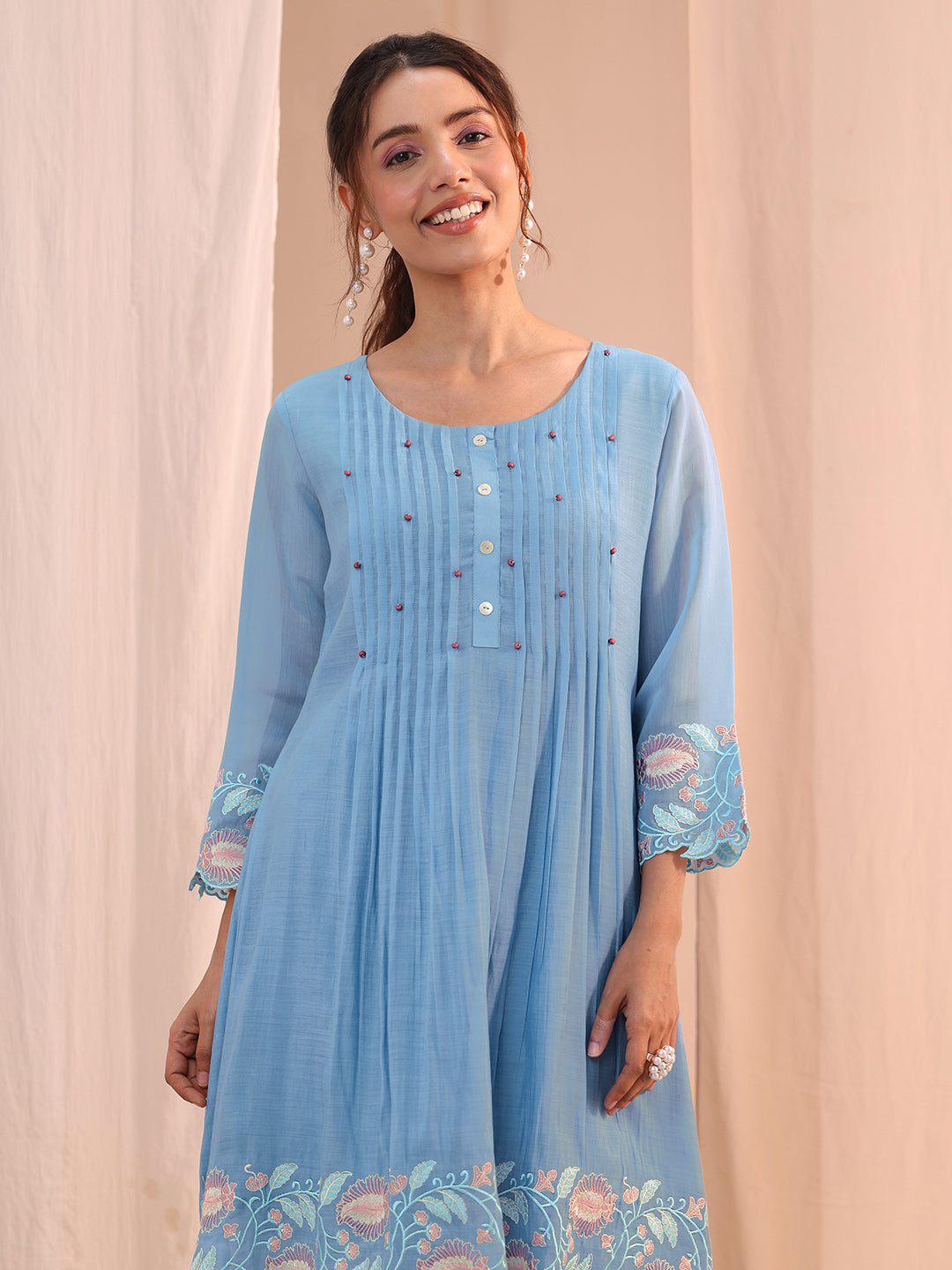  Blue Floral Embroidered Chanderi Cotton Co-Ord Set 