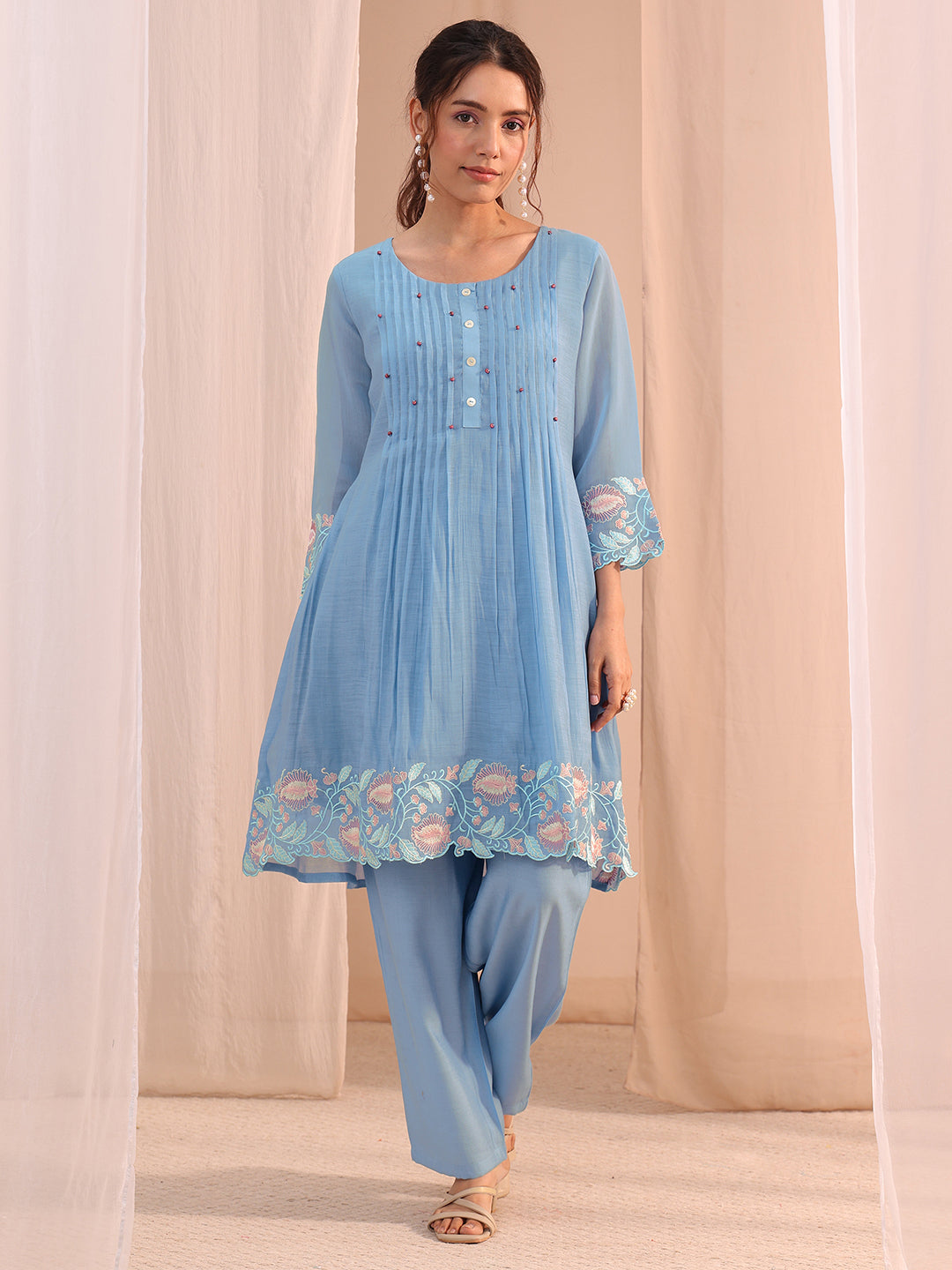  Blue Floral Embroidered Chanderi Cotton Co-Ord Set 