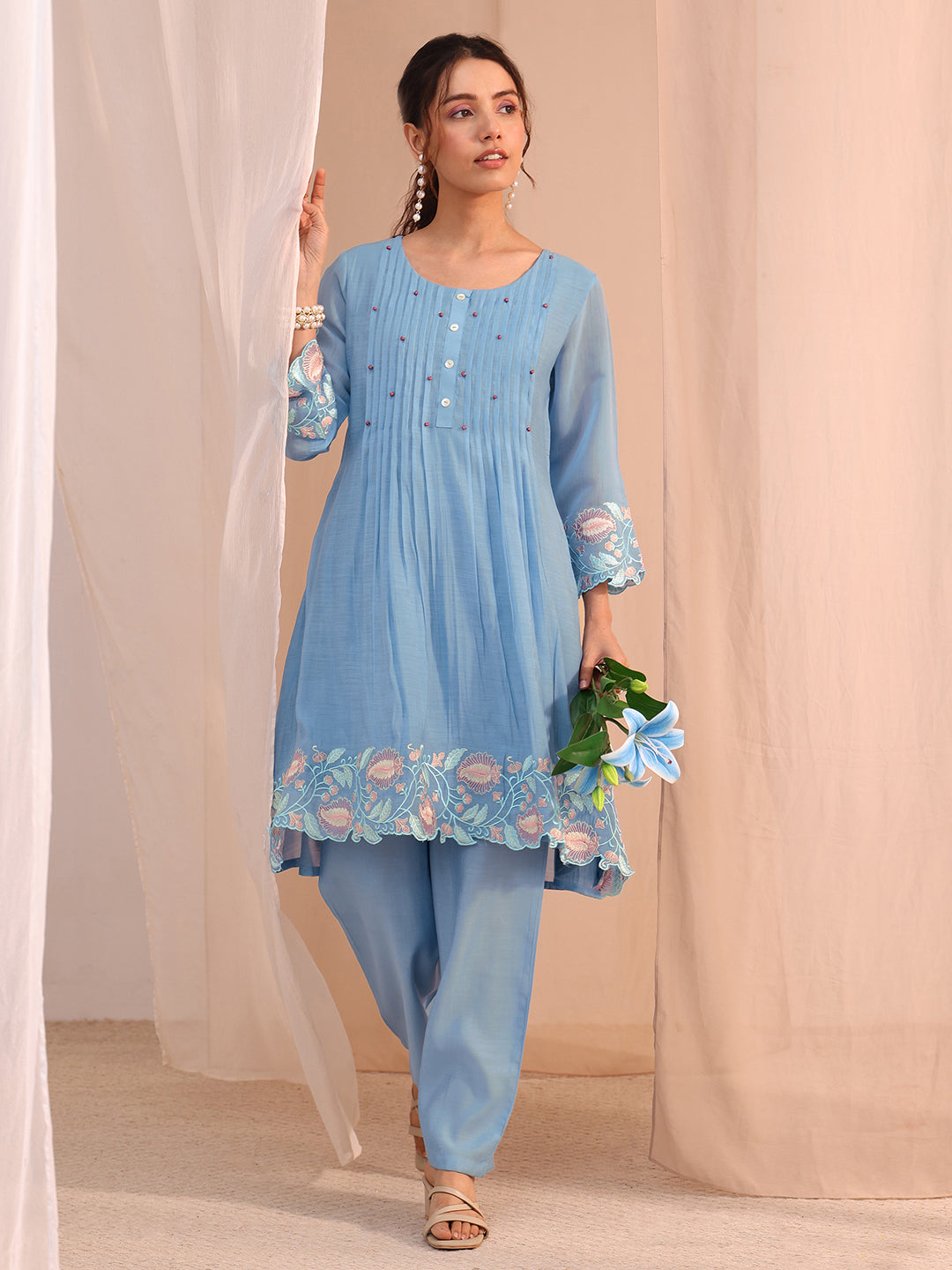 Blue Floral Embroidered Chanderi Cotton Co-Ord Set-image-13