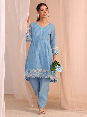 Blue Floral Embroidered Chanderi Cotton Co-Ord Set