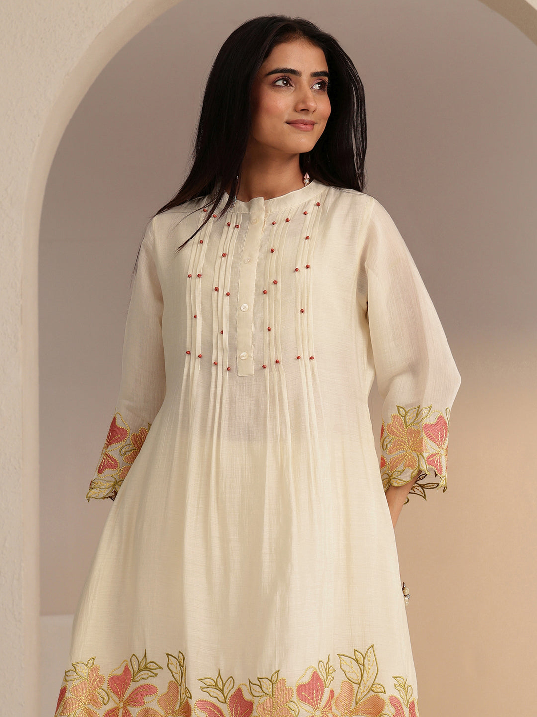  Ivory Floral Embroidered Chanderi Cotton Co-ord Set 