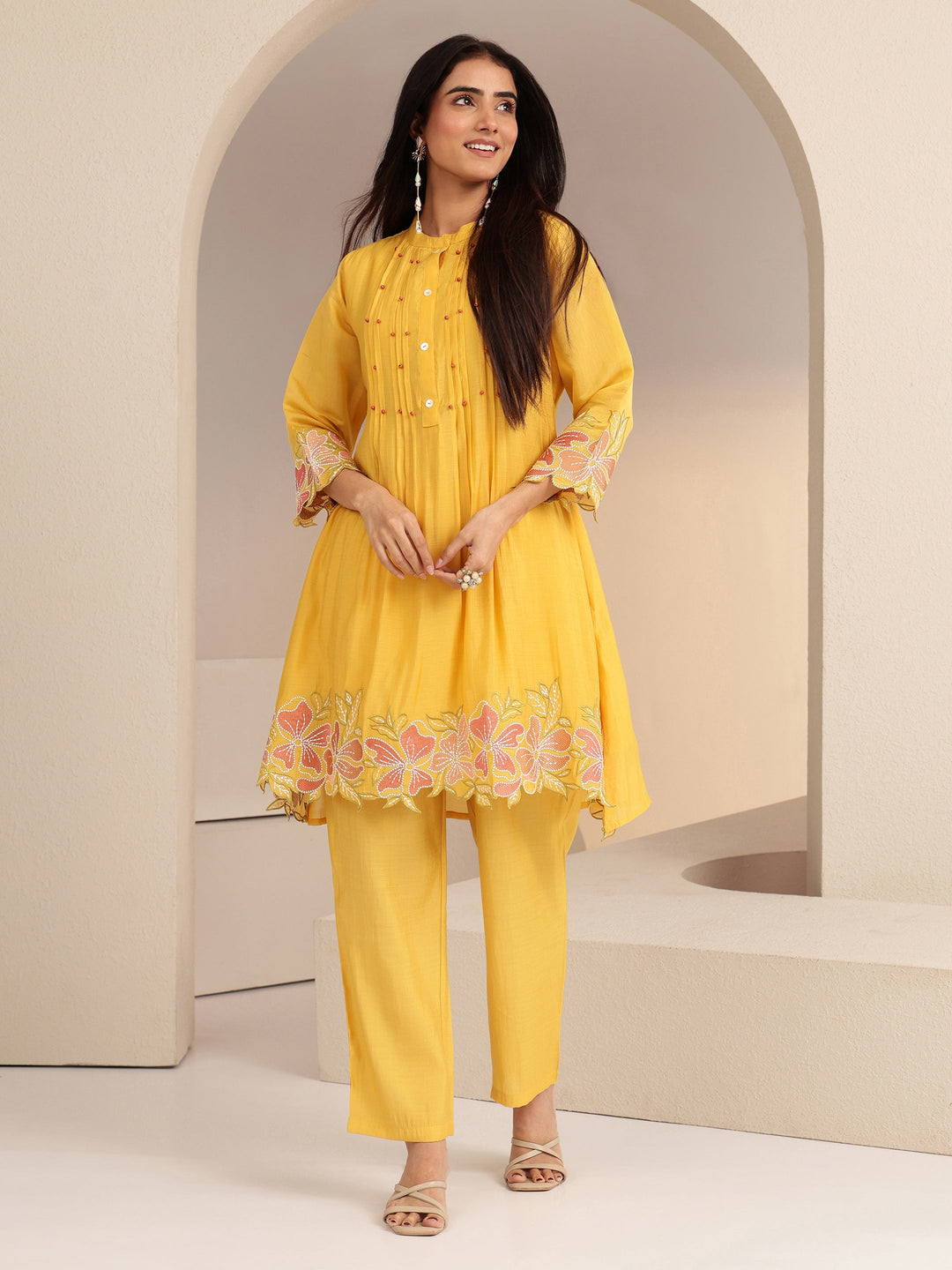  Mustard Floral Embroidered Chanderi Cotton Co-ord Set 