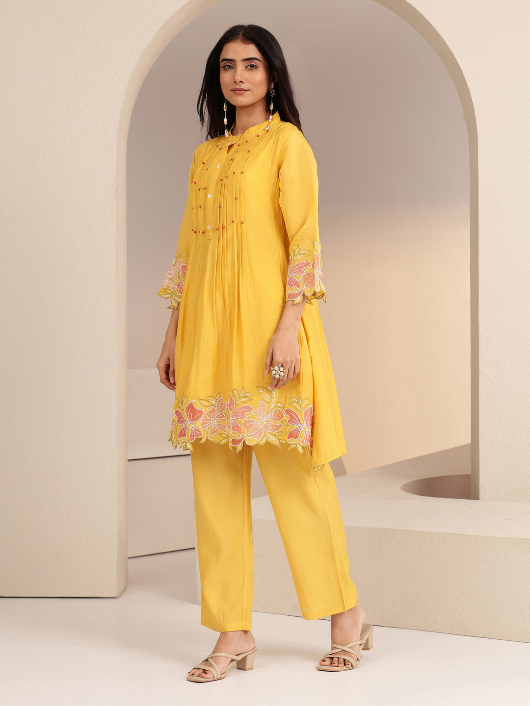  Mustard Floral Embroidered Chanderi Cotton Co-ord Set 