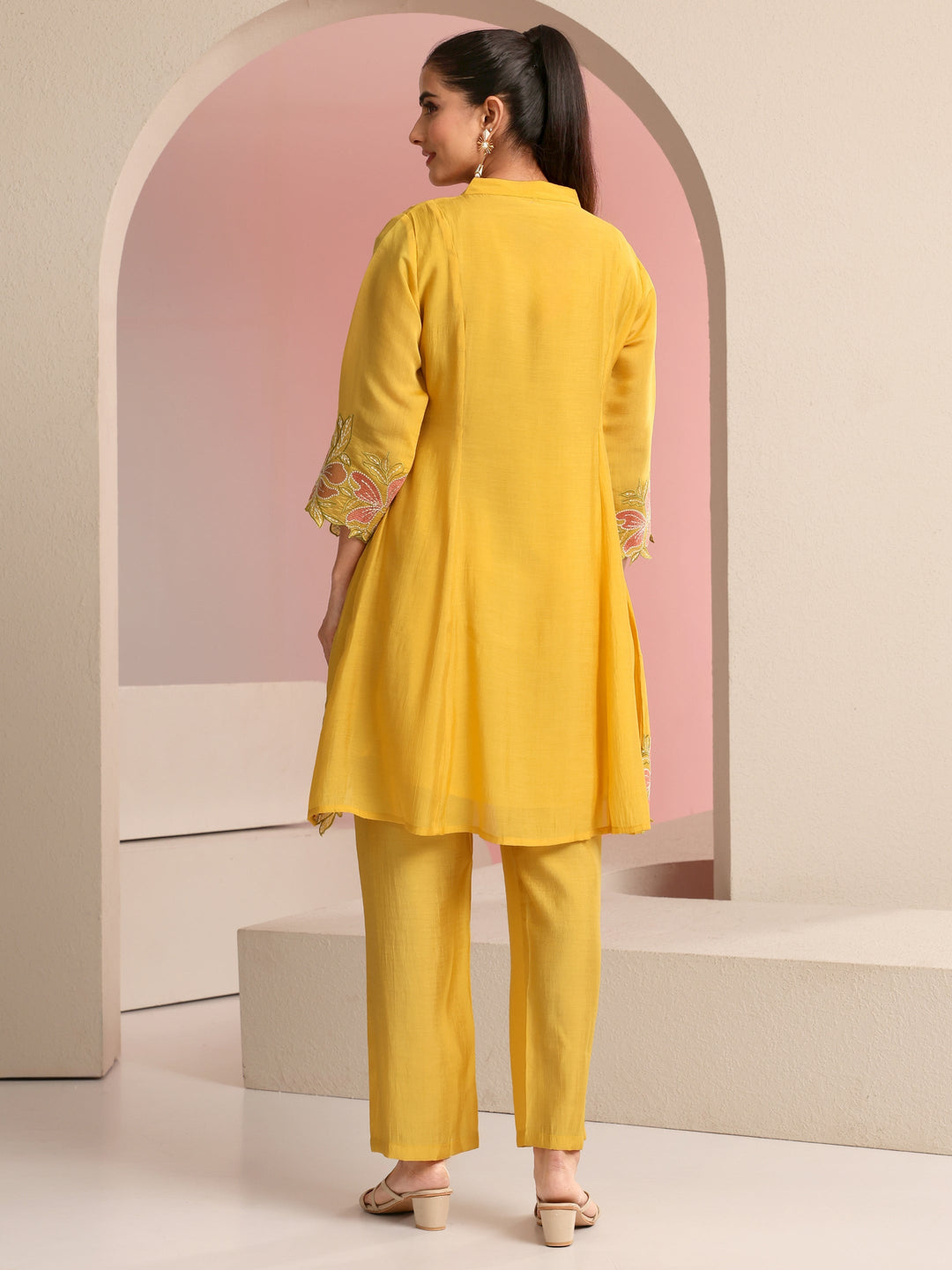  Mustard Floral Embroidered Chanderi Cotton Co-ord Set 