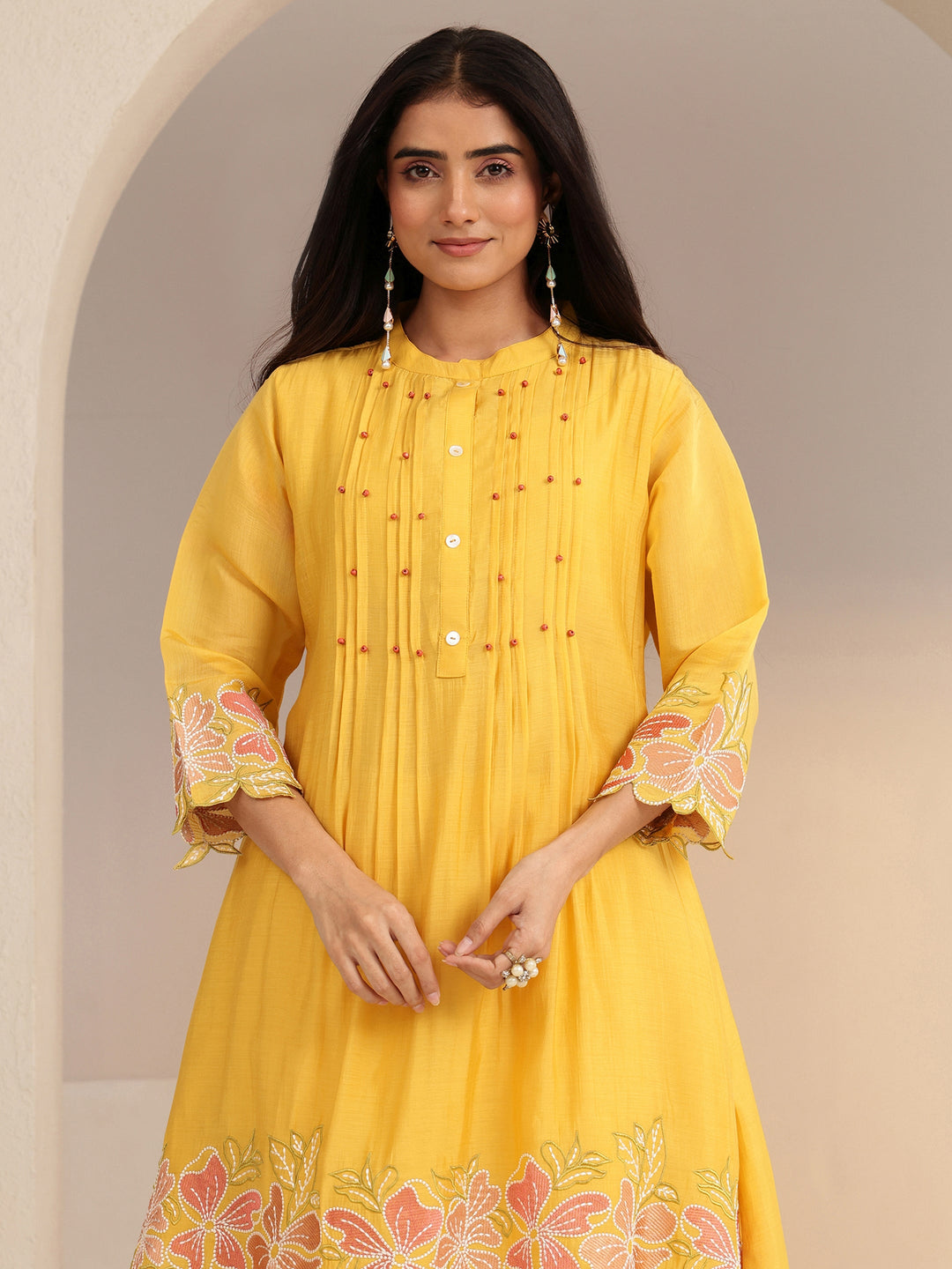  Mustard Floral Embroidered Chanderi Cotton Co-ord Set 