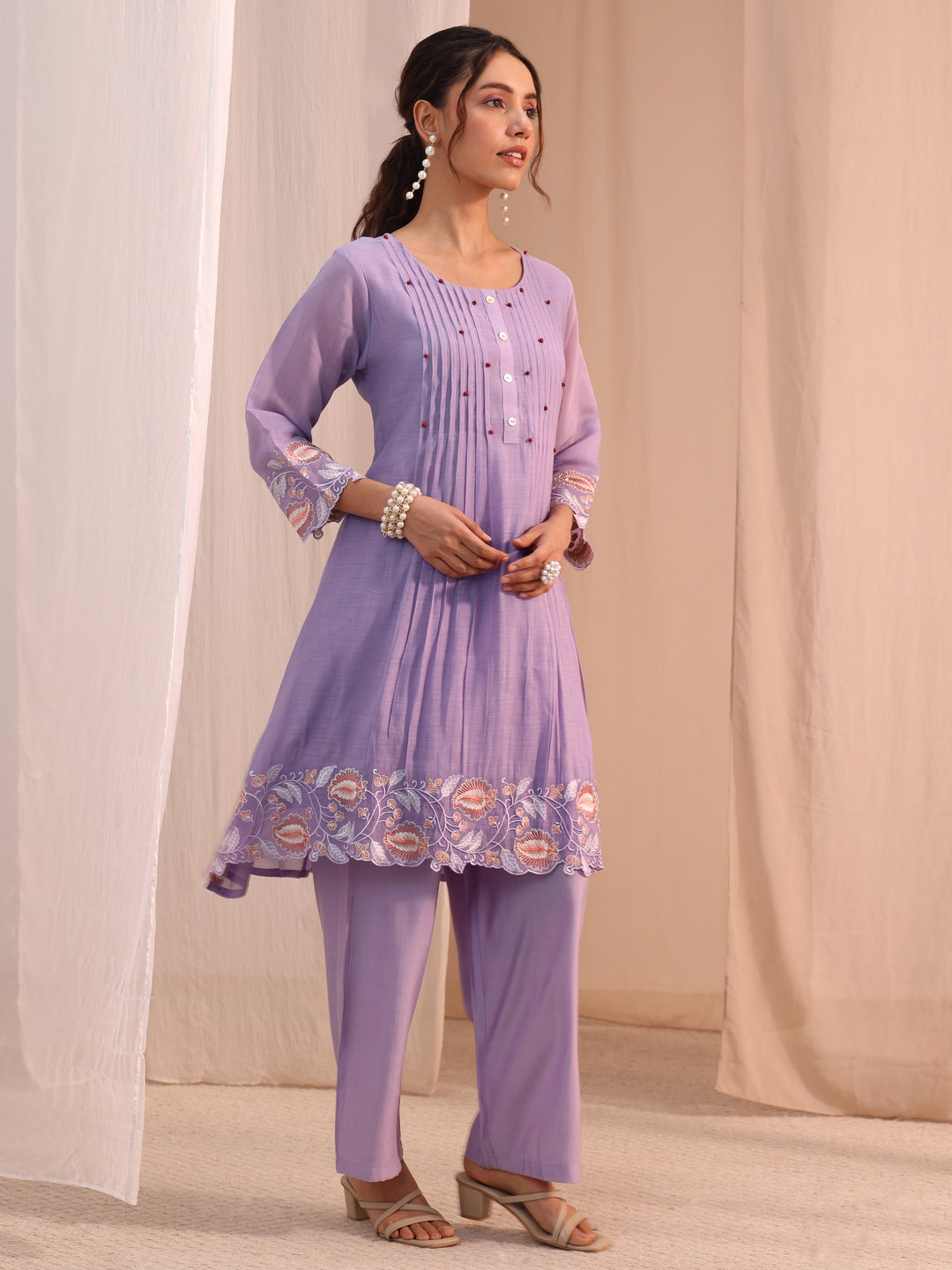  Lavender Floral Embroidered Chanderi Cotton Co-Ord Set 
