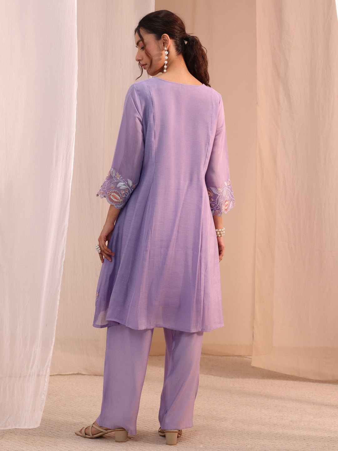  Lavender Floral Embroidered Chanderi Cotton Co-Ord Set 
