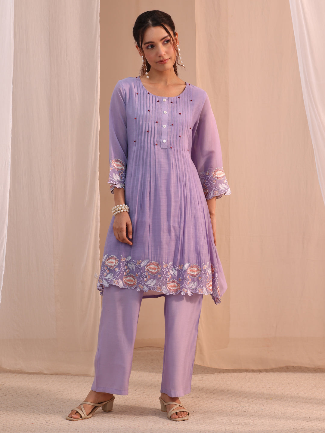  Lavender Floral Embroidered Chanderi Cotton Co-Ord Set 