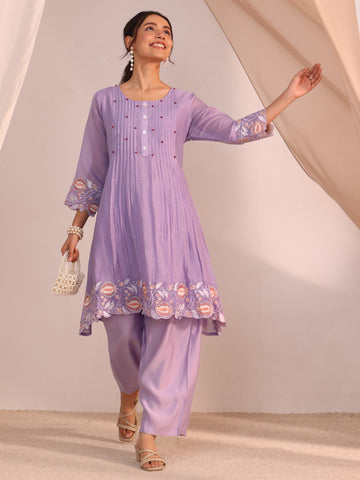 Lavender Floral Embroidered Chanderi Cotton Co-Ord Set