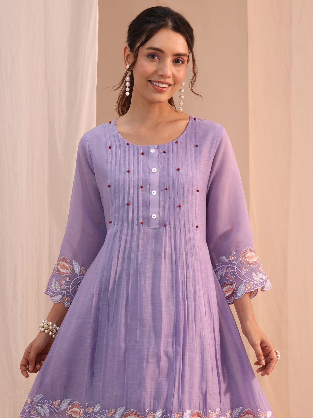 Lavender Floral Embroidered Chanderi Cotton Co-Ord Set 