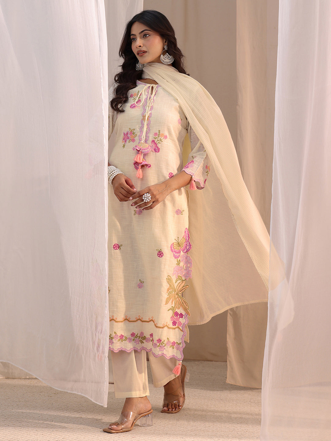 libas Off White Floral Embroidered Cotton Blend Straight Suit Set-picture-33