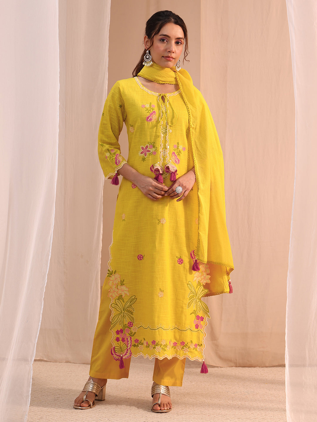  Mustard Floral Embroidered Cotton Blend Straight Suit Set 