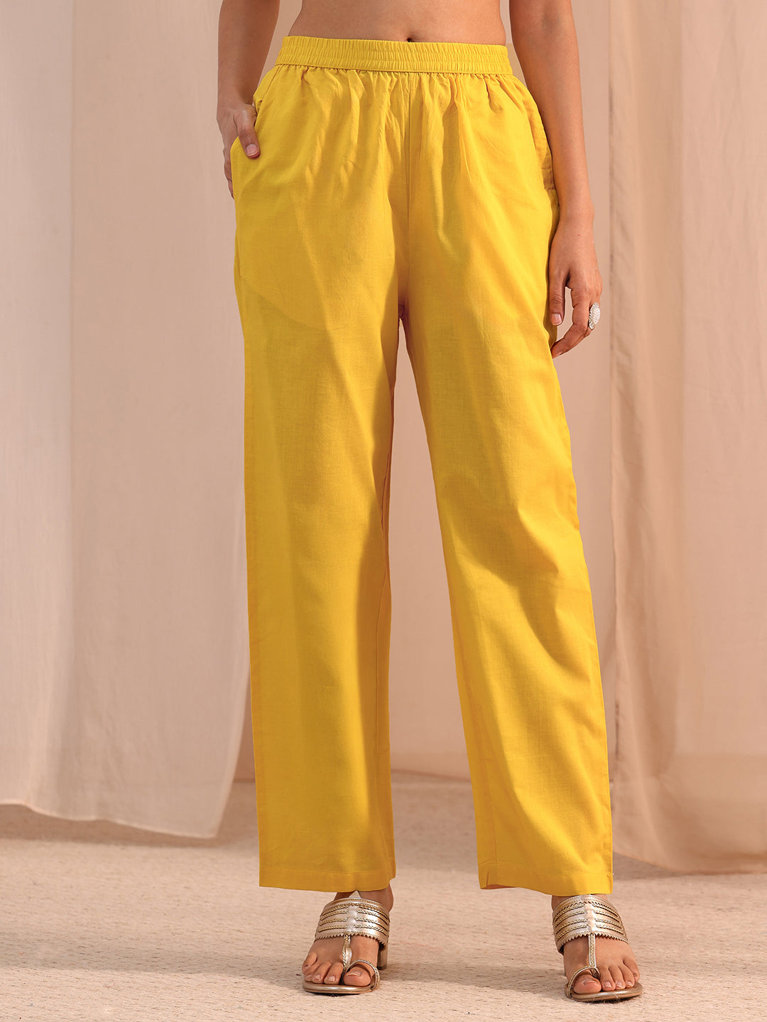  Mustard Floral Embroidered Cotton Blend Straight Suit Set 