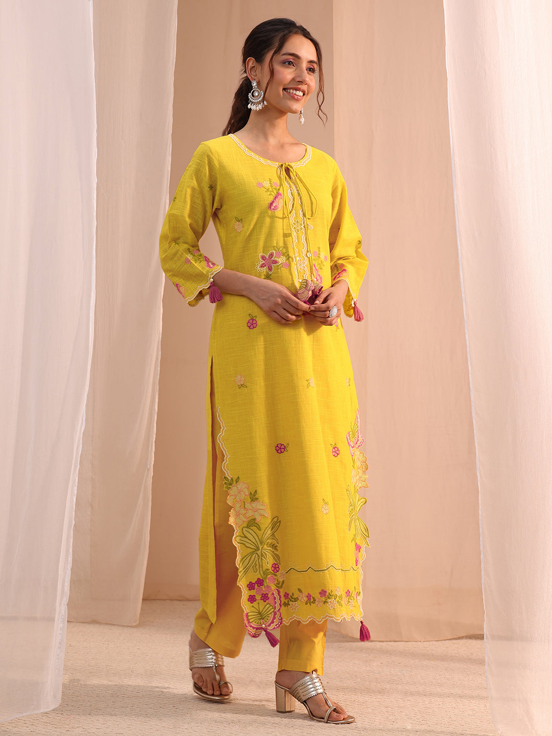  Mustard Floral Embroidered Cotton Blend Straight Suit Set 