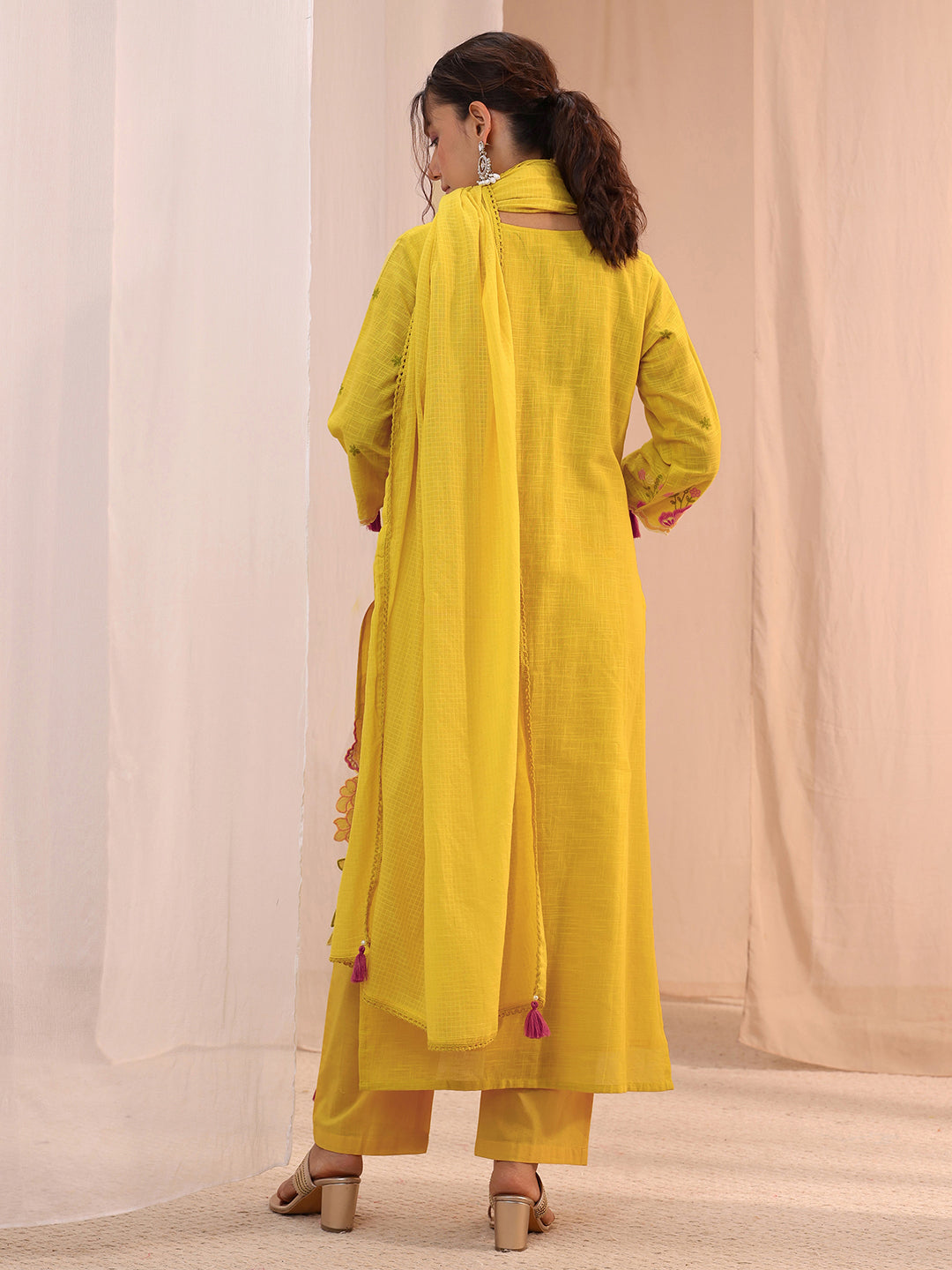  Mustard Floral Embroidered Cotton Blend Straight Suit Set 
