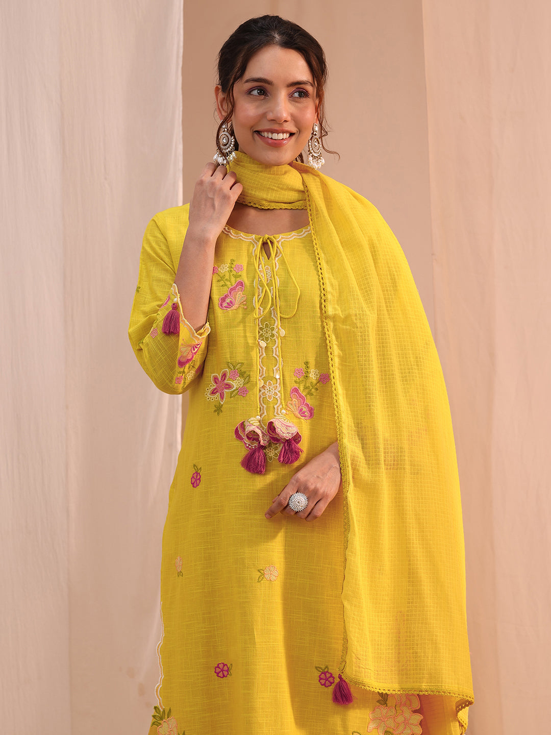  Mustard Floral Embroidered Cotton Blend Straight Suit Set 