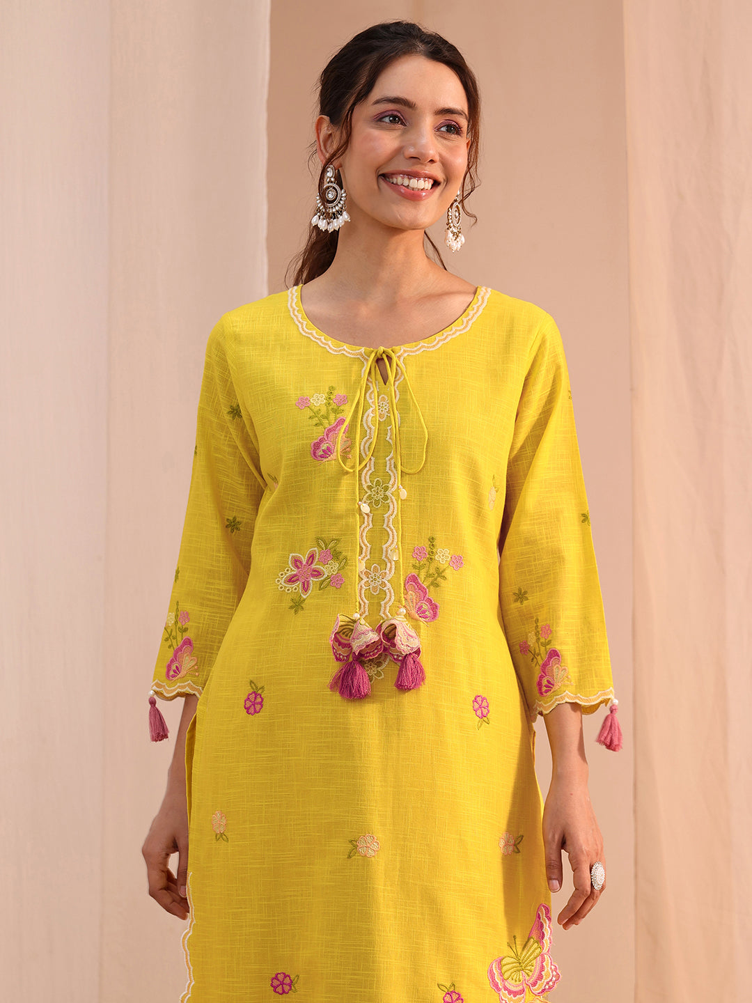  Mustard Floral Embroidered Cotton Blend Straight Suit Set 