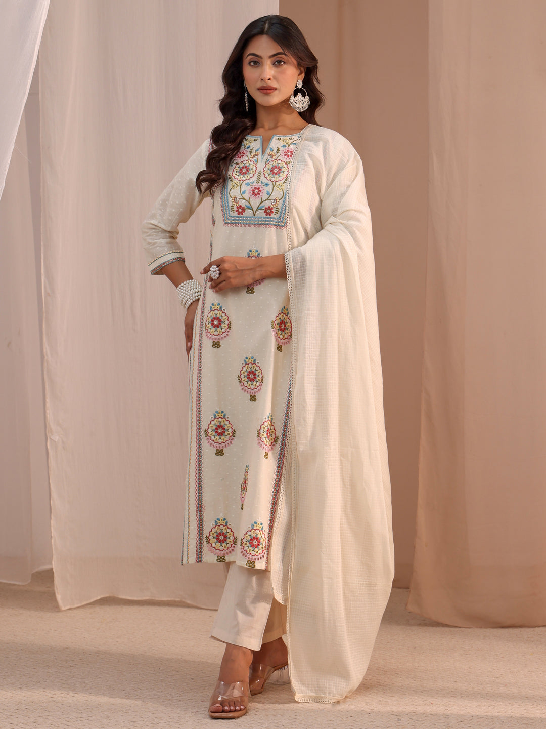  Libas Off White Floral Embroidered Cotton Blend Straight Suit Set 