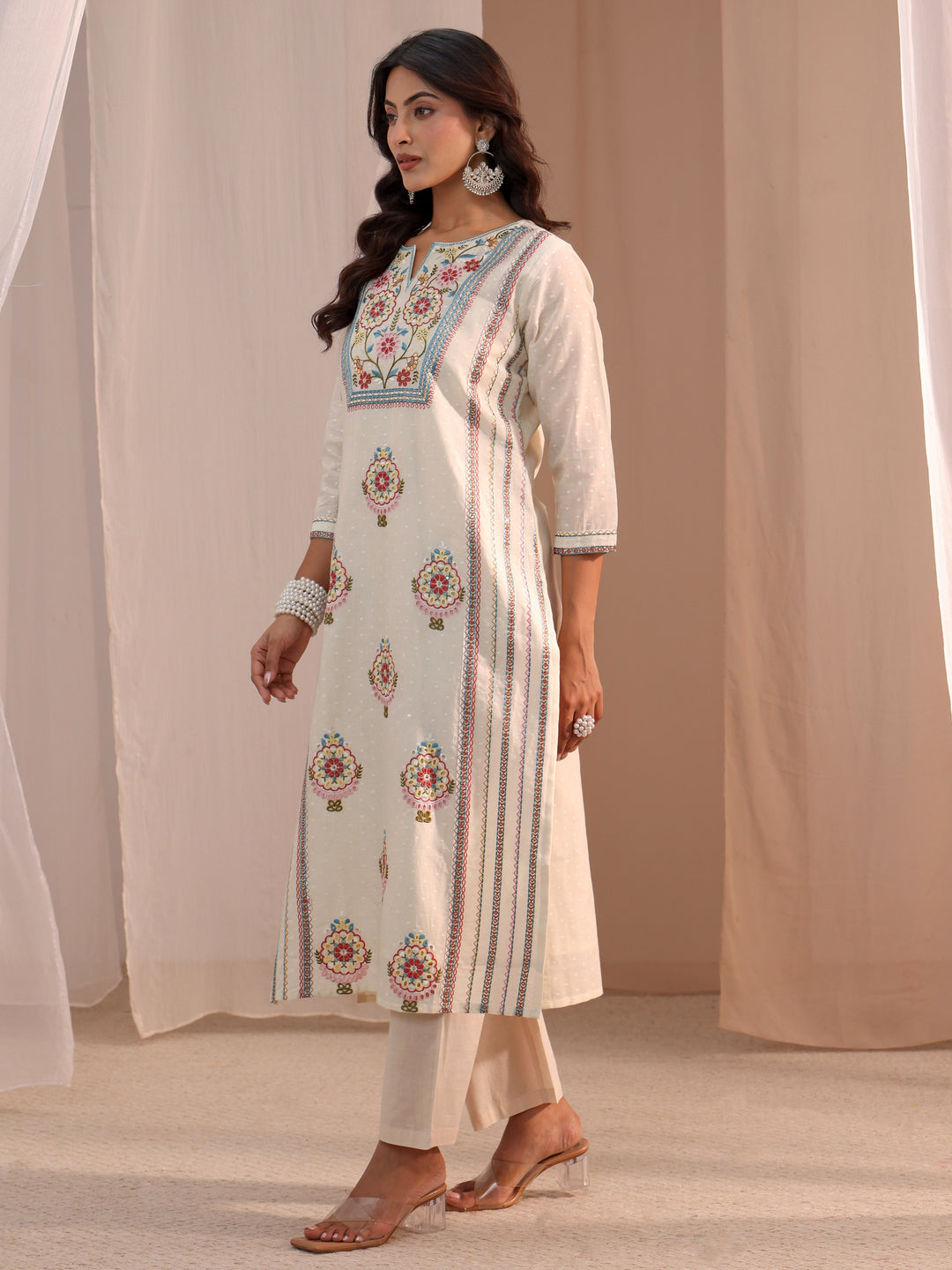 Libas Off White Floral Embroidered Cotton Blend Straight Suit Set 